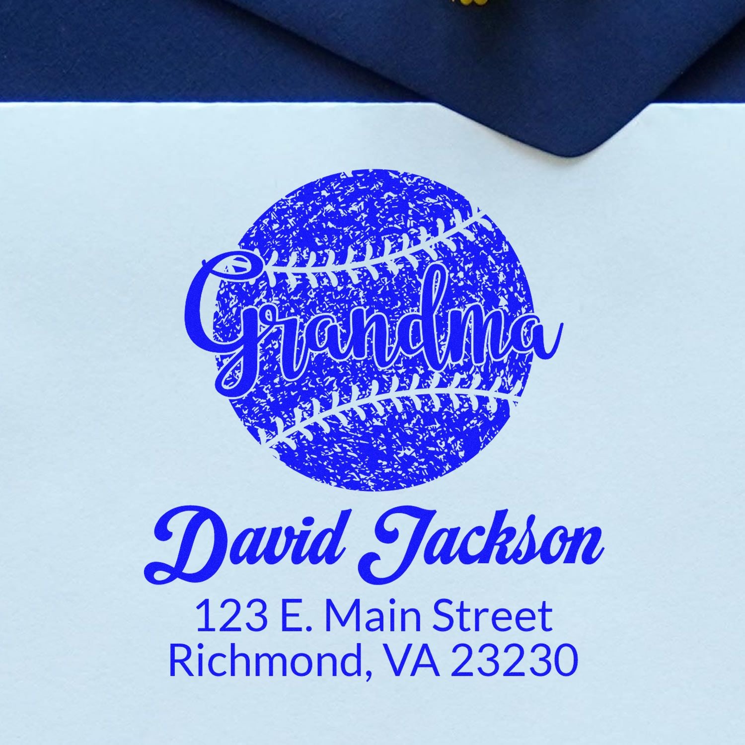 Custom baseball Grandma address rubber stamp with David Jackson name and Richmond, VA address for personalized mail and gifts.