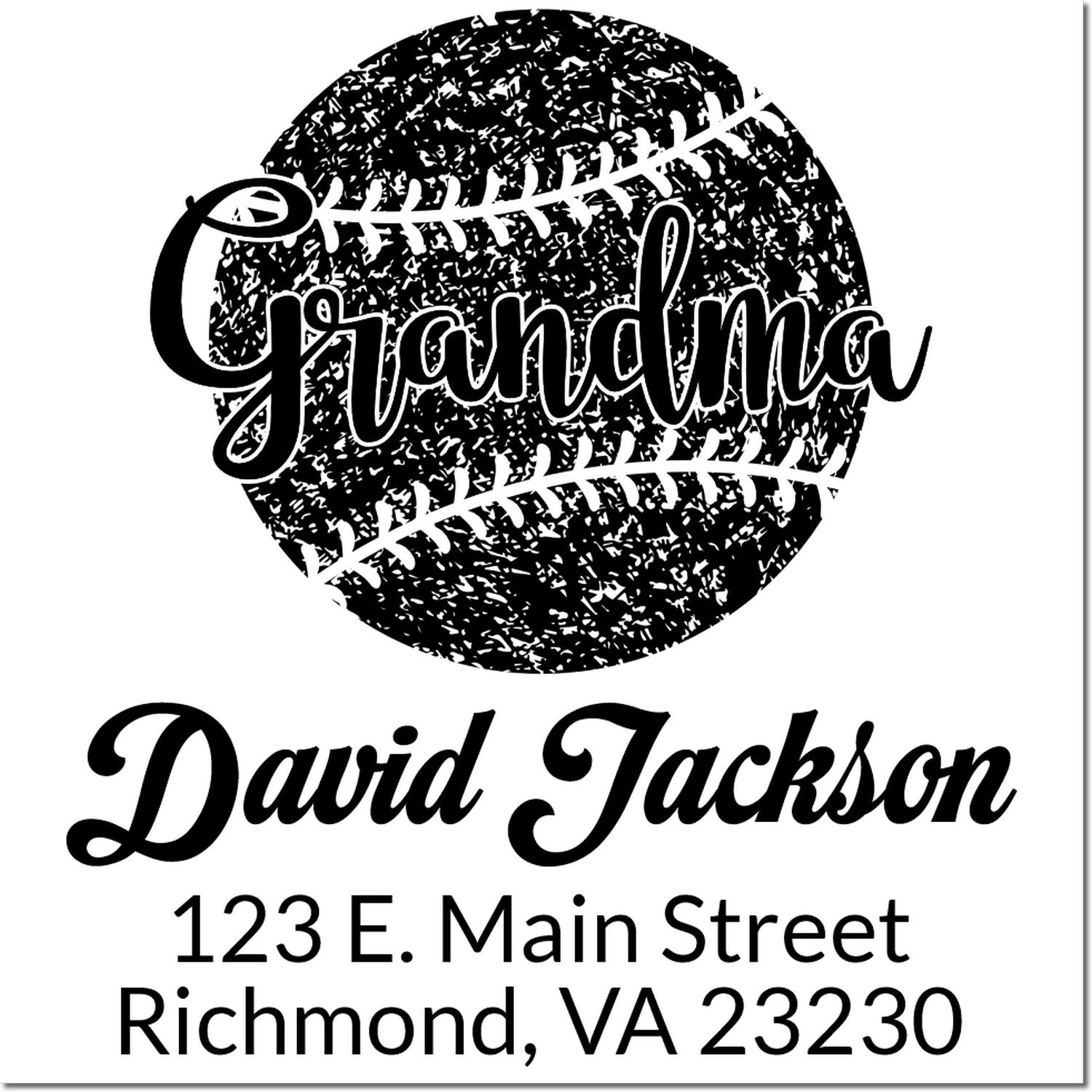 Custom Grandma rubber stamp with baseball design, personalized with David Jackson and Richmond, VA address