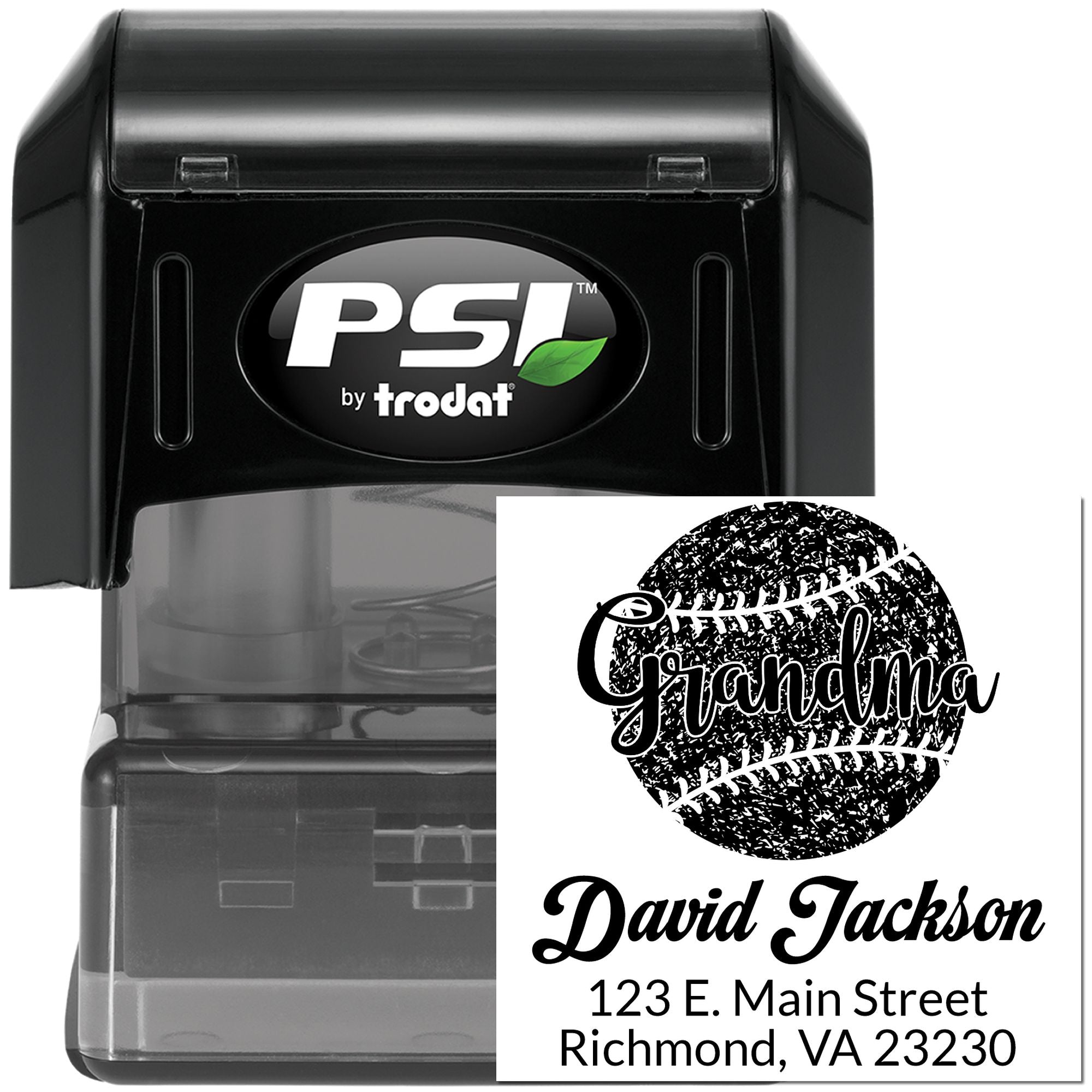 PSI by Trodat self-inking rubber stamp with custom baseball grandma return address design for personalized mail.