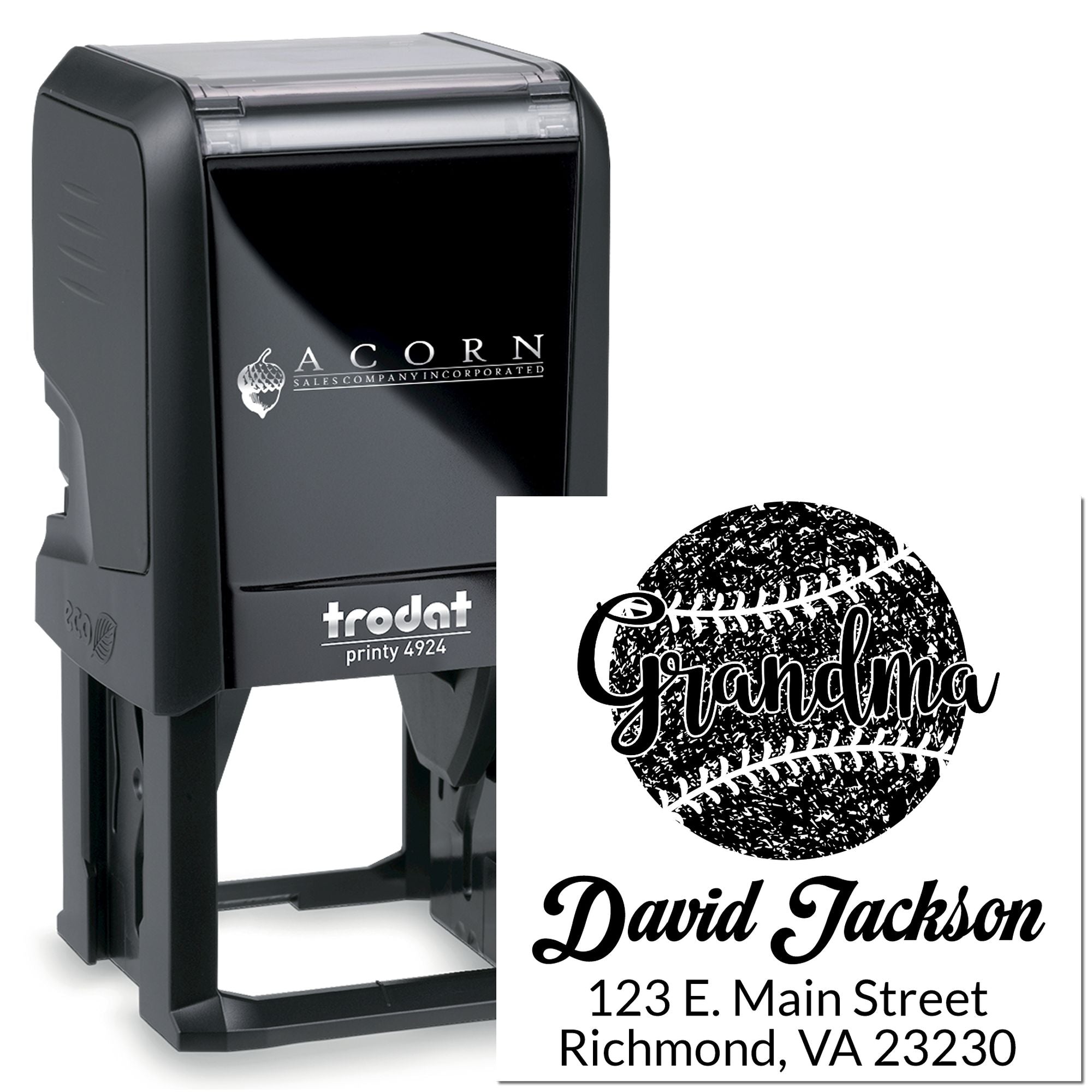 Custom self-inking rubber stamp with baseball grandma return address design for personalized mailing, crafts, and branding.