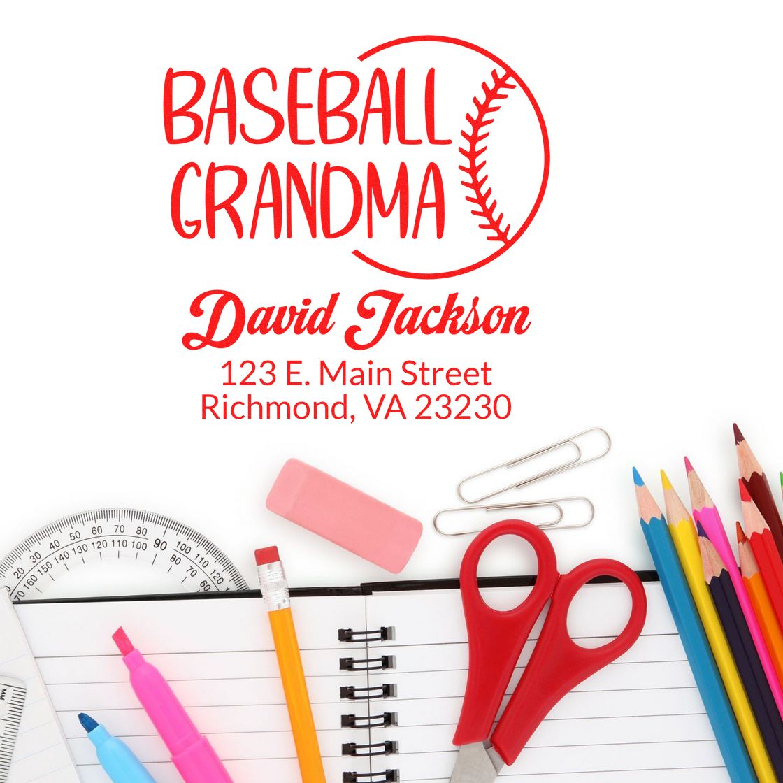 Personalized baseball grandma rubber stamp with name and address, featuring a red baseball graphic.