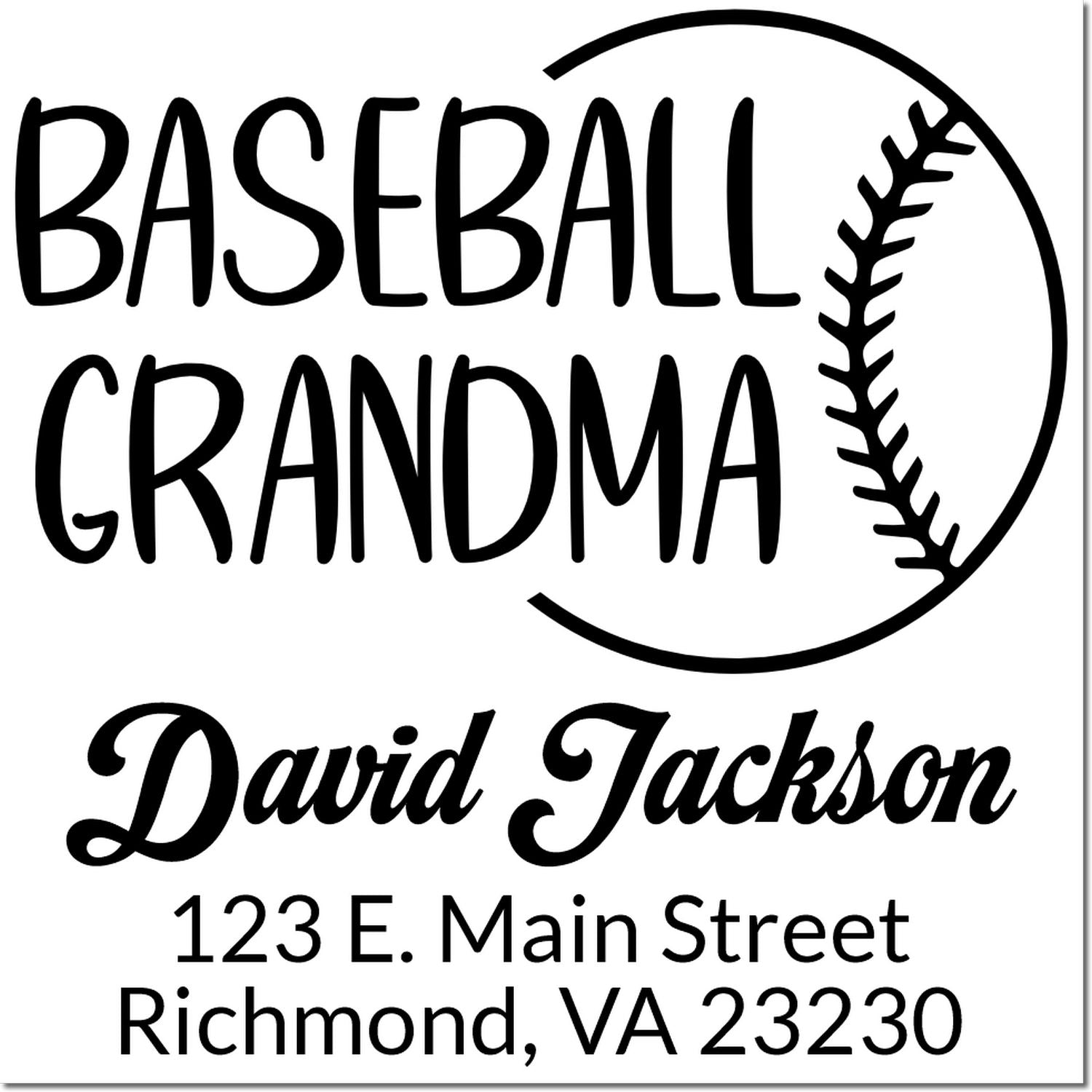 Personalized Baseball Grandma rubber stamp for David Jackson with Richmond, VA 23230 address