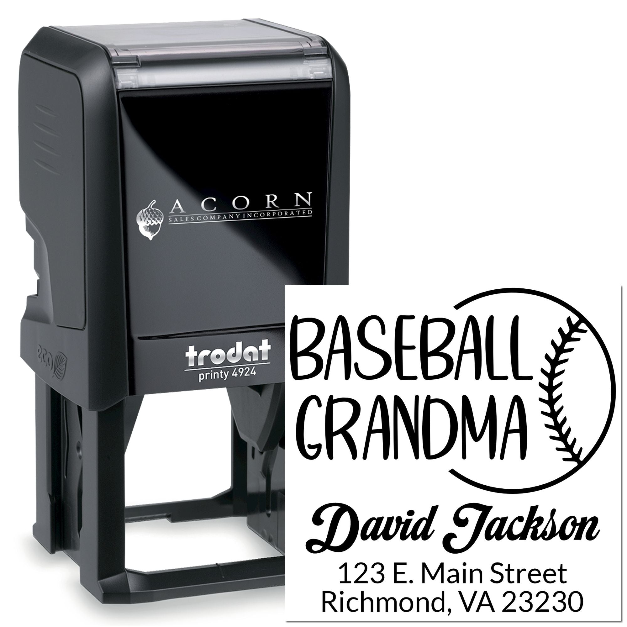 Trodat self-inking rubber stamp with custom Baseball Grandma return address design for David Jackson