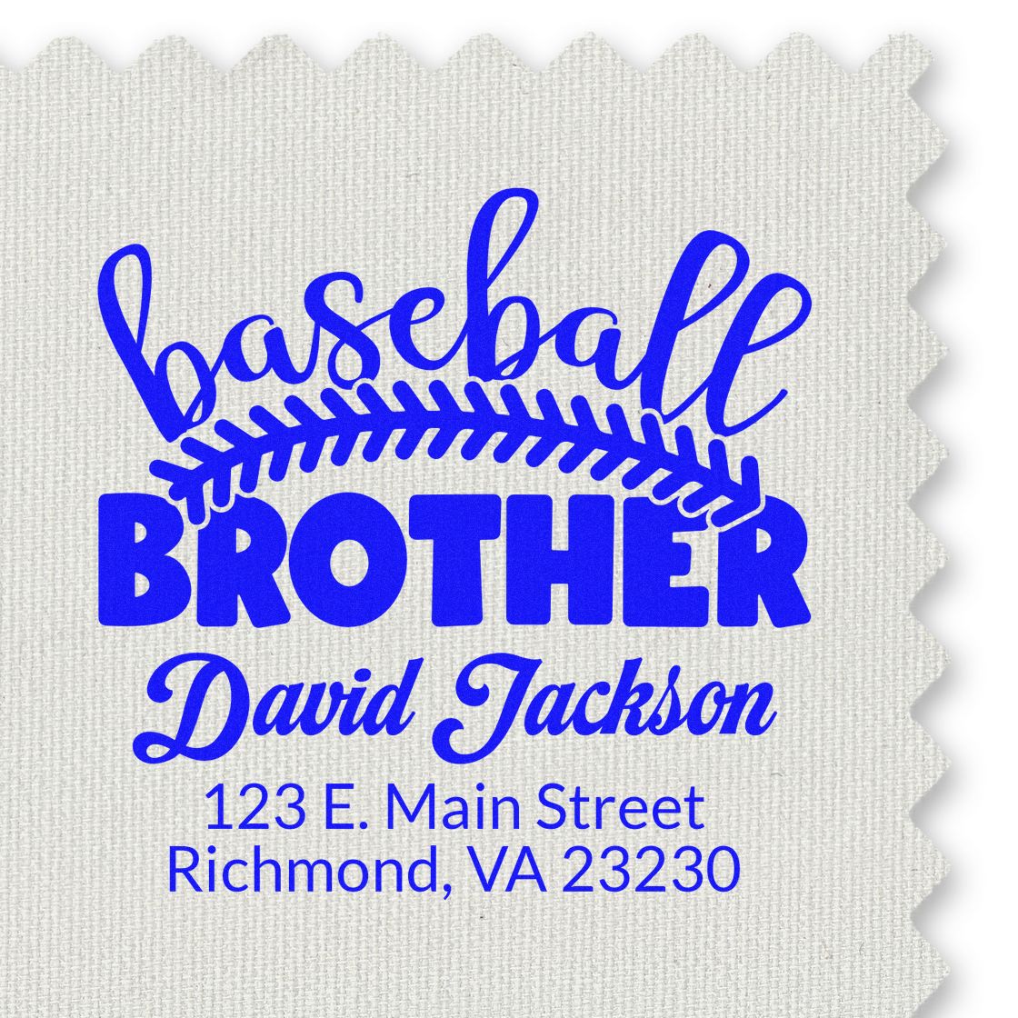 Custom baseball brother rubber stamp with personalized name and return address for David Jackson in Richmond, VA.