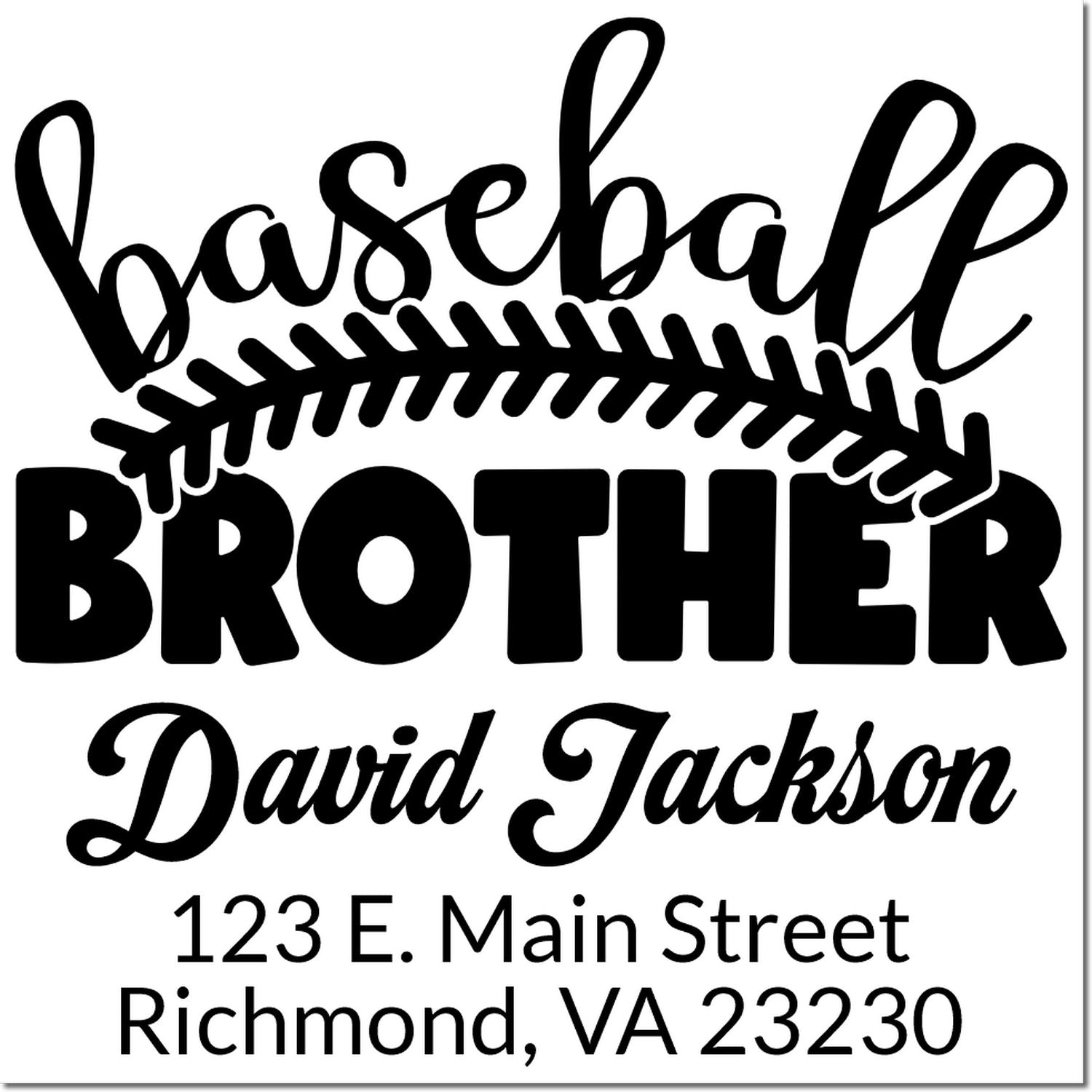 Personalized baseball brother rubber stamp with name David Jackson, return address, and baseball seam design.