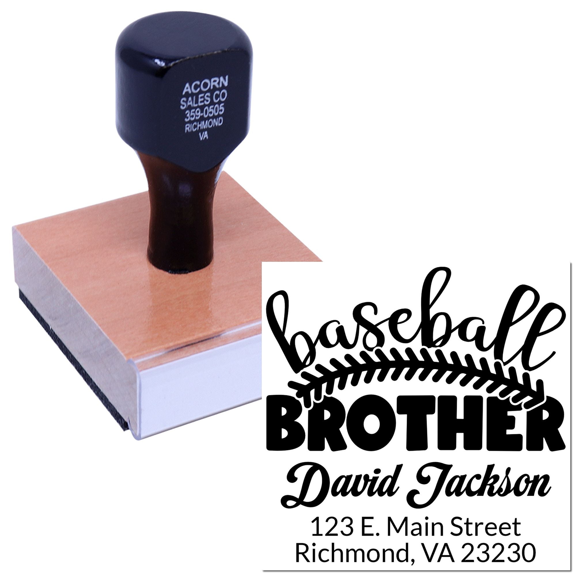 Personalized baseball brother return address rubber stamp with name and Richmond, VA address