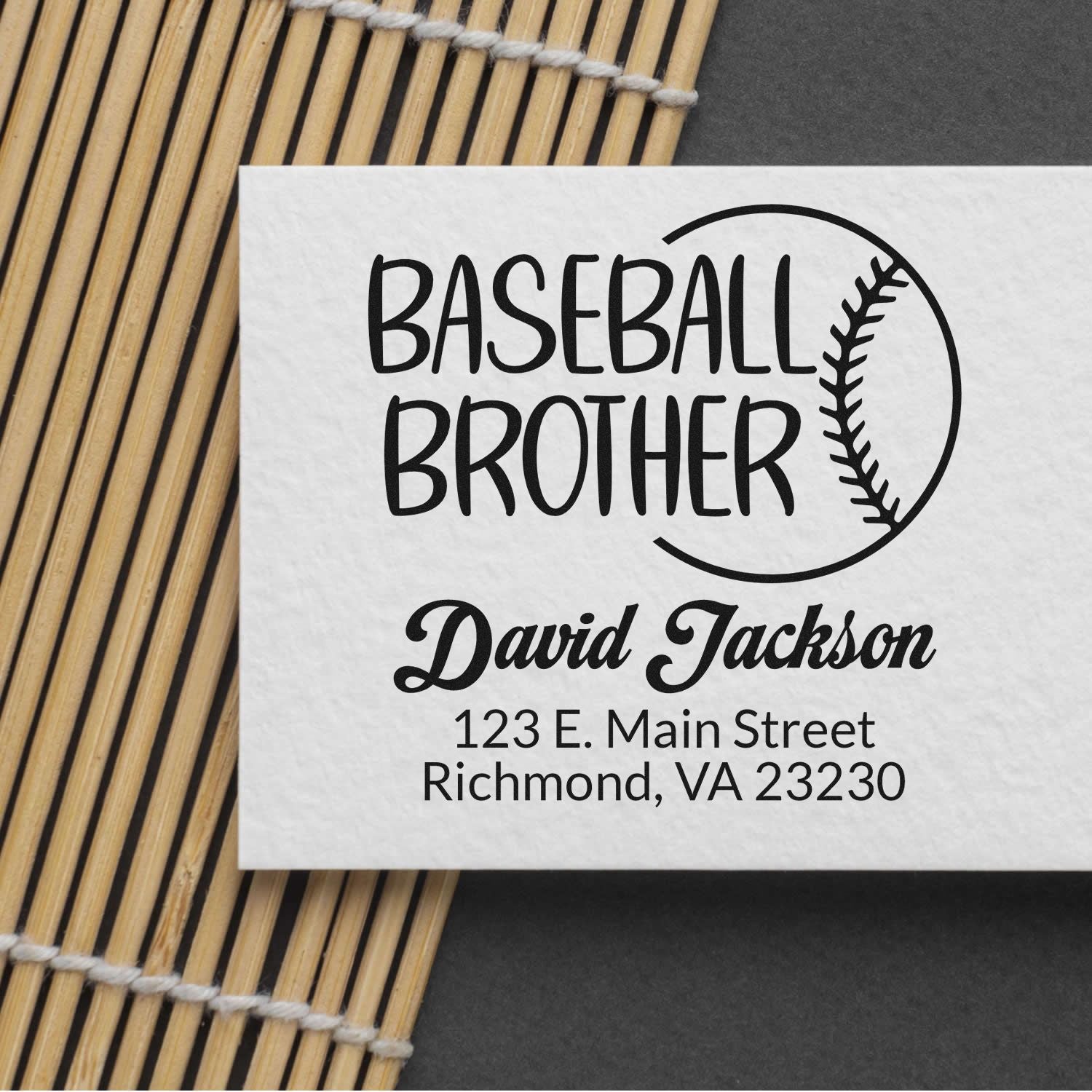 Custom baseball brother address rubber stamp with name and return address for personalized sports-themed mailings.