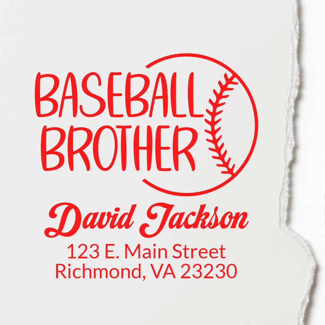 Custom baseball brother rubber stamp with name and return address for David Jackson in Richmond, VA.