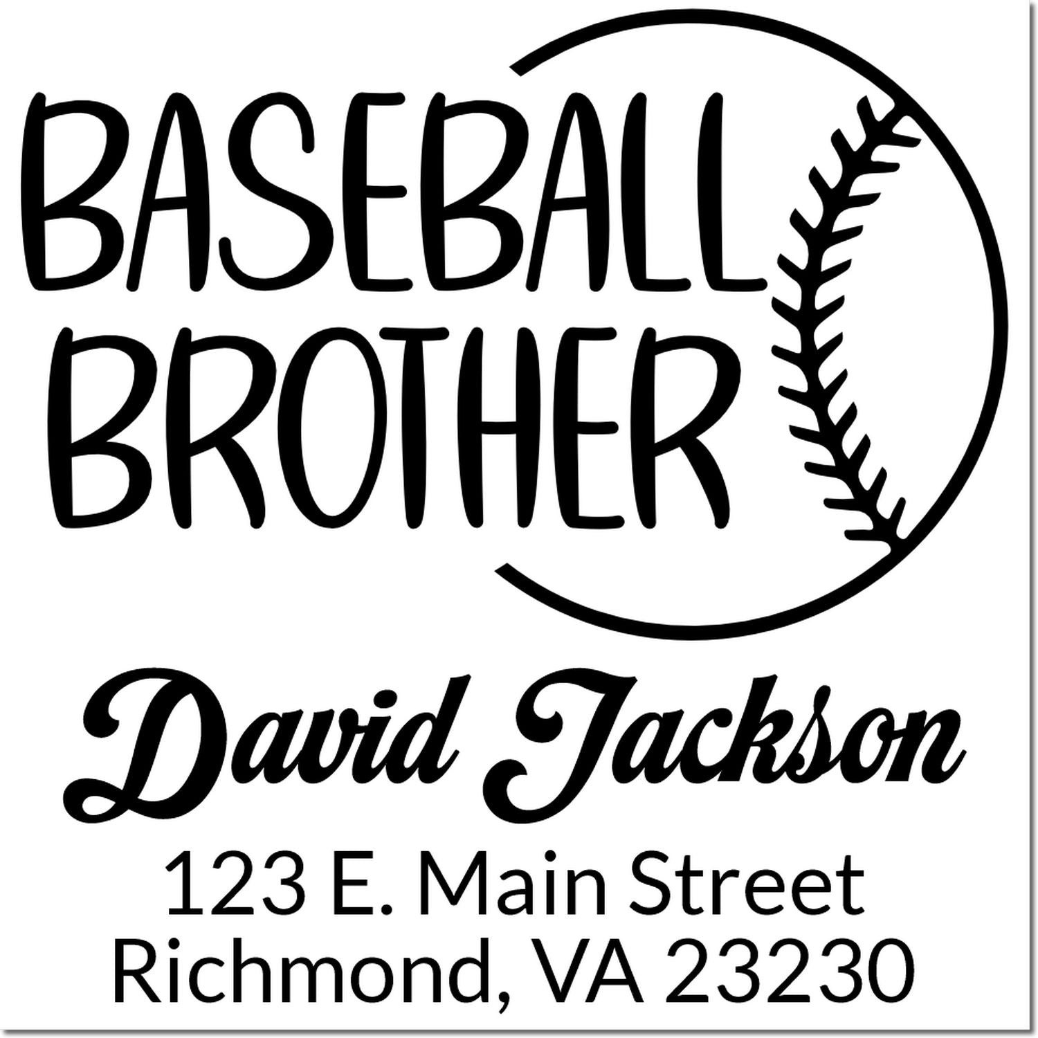 Personalized baseball brother rubber stamp with David Jackson and Richmond, VA address for custom gifts, crafts, or mailings.