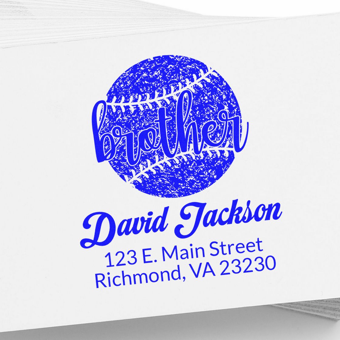 Custom baseball brother rubber stamp with David Jackson name and Richmond, VA address