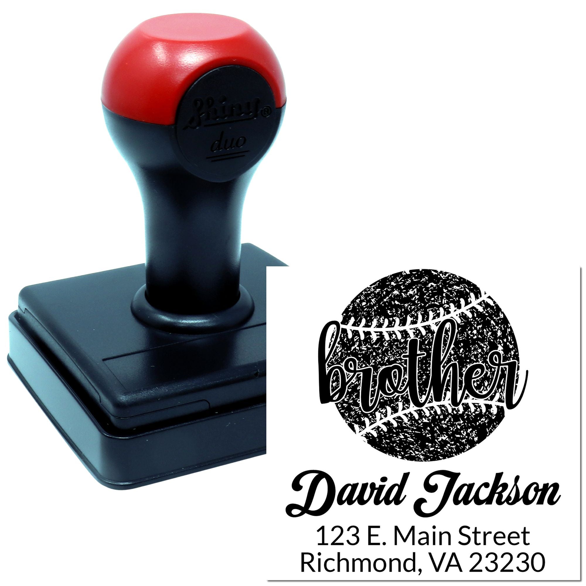 Custom baseball brother self-inking rubber stamp with personalized name and address for sports-themed mailings.