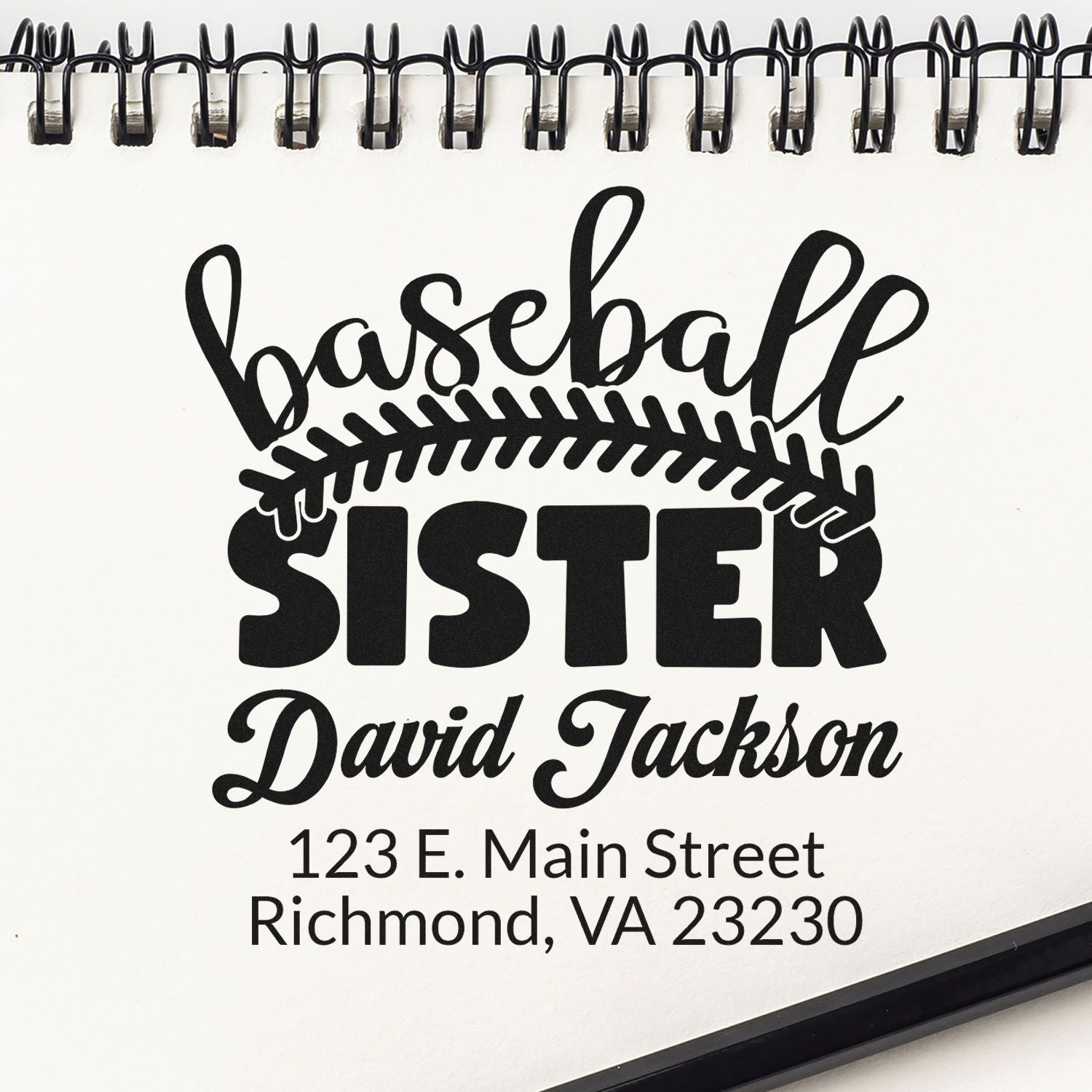 Personalized baseball sister rubber stamp with name and address for team gifts, cards, and stationery.