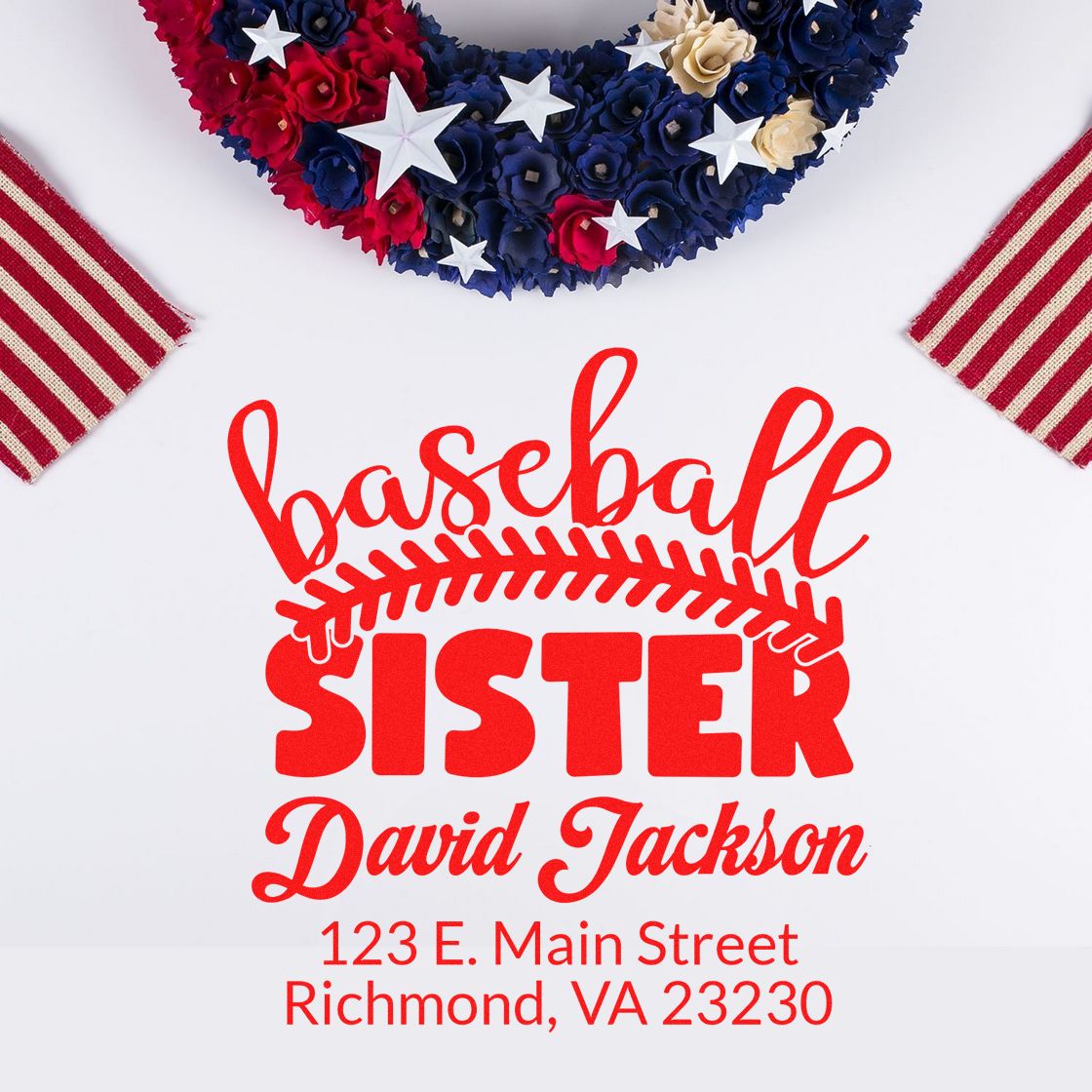 Custom rubber stamp design for Baseball Sister David Jackson, with address and patriotic stars-and-stripes theme.