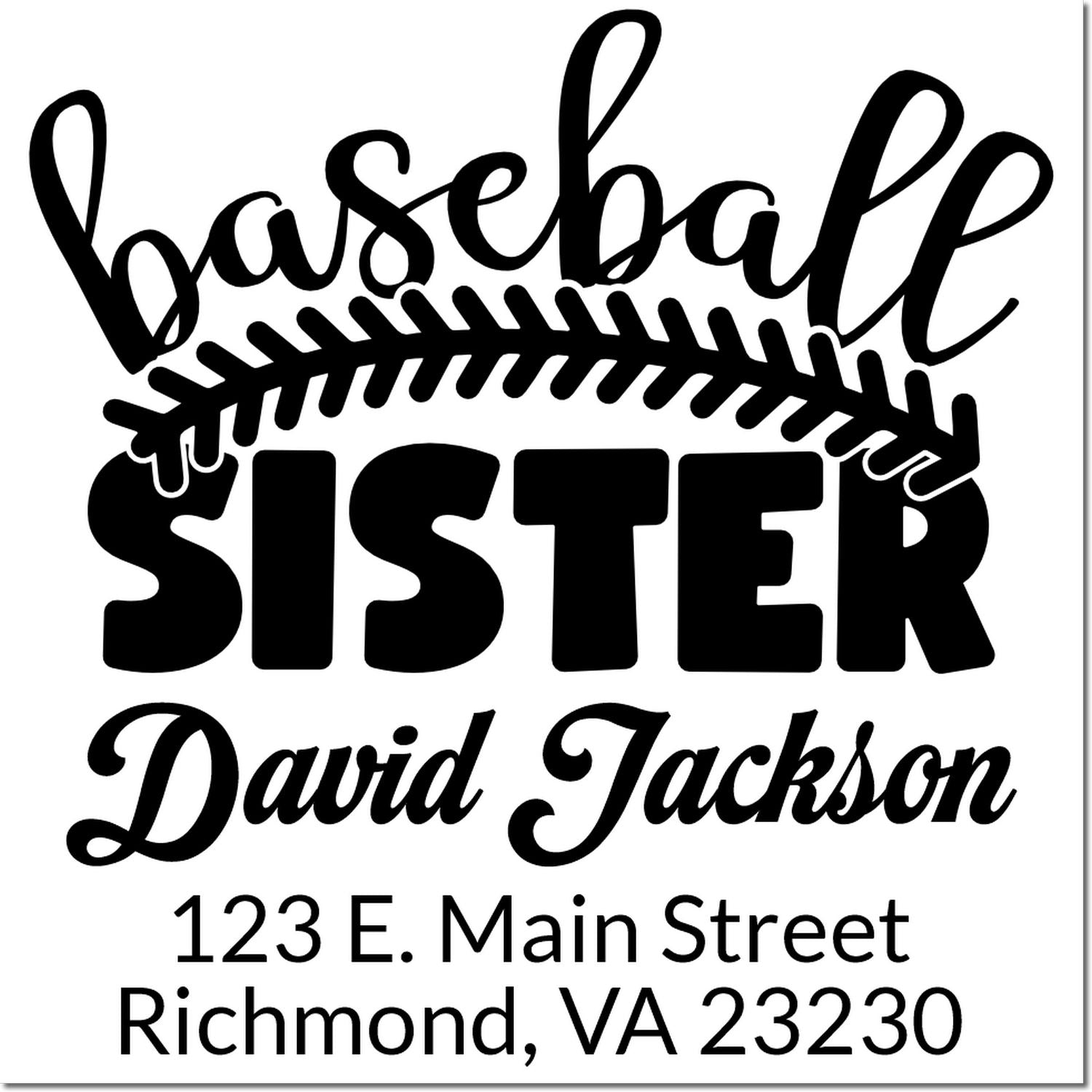 Personalized baseball sister rubber stamp with name David Jackson and Richmond, VA return address.