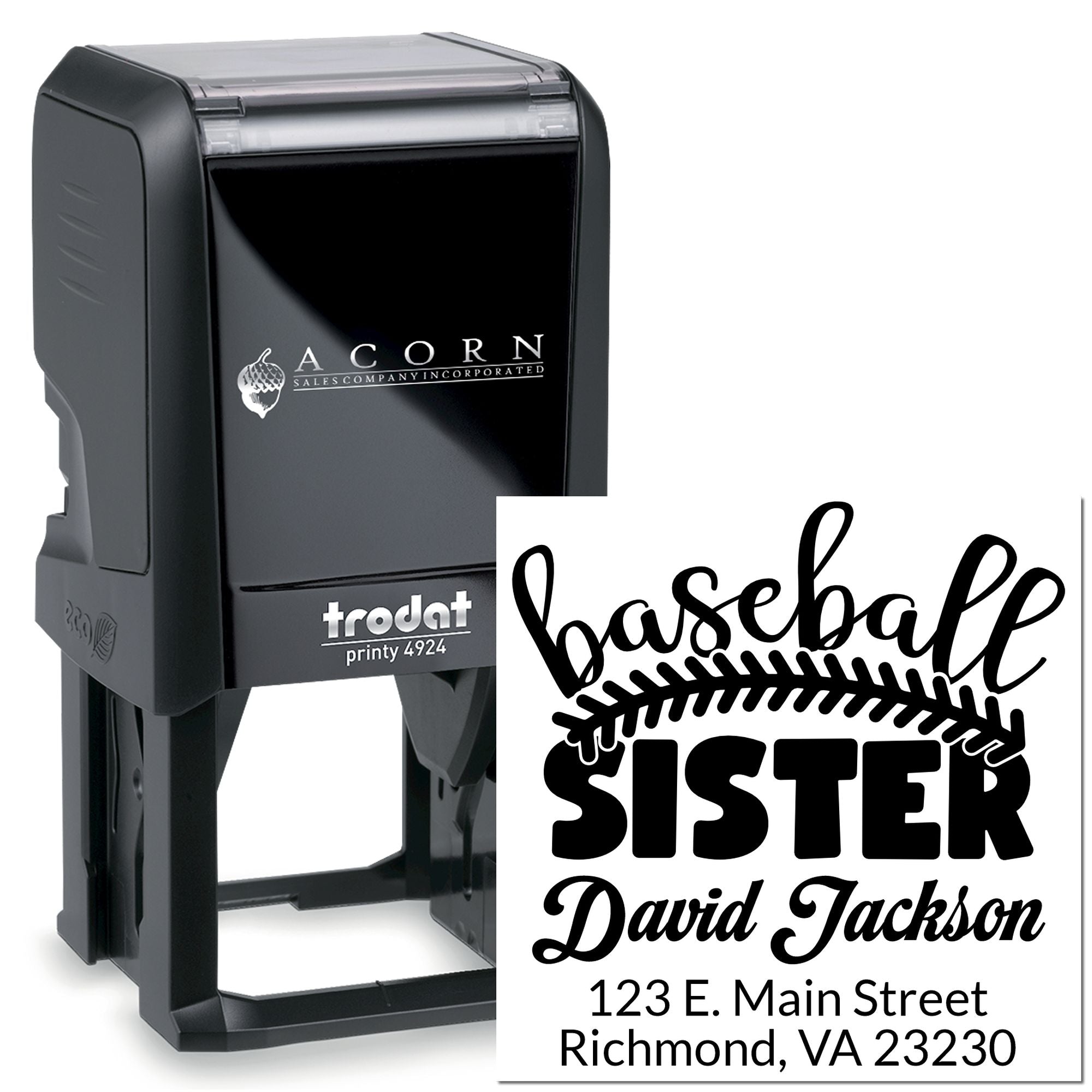 Baseball sister custom self-inking rubber stamp with name and address, Trodat Printy 4924, for David Jackson.
