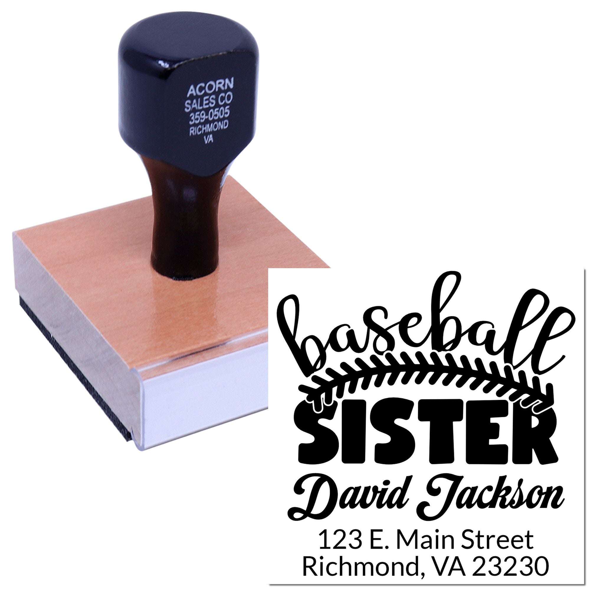 Custom baseball sister rubber stamp with name and address, featuring David Jackson return address design for personalized mailing.