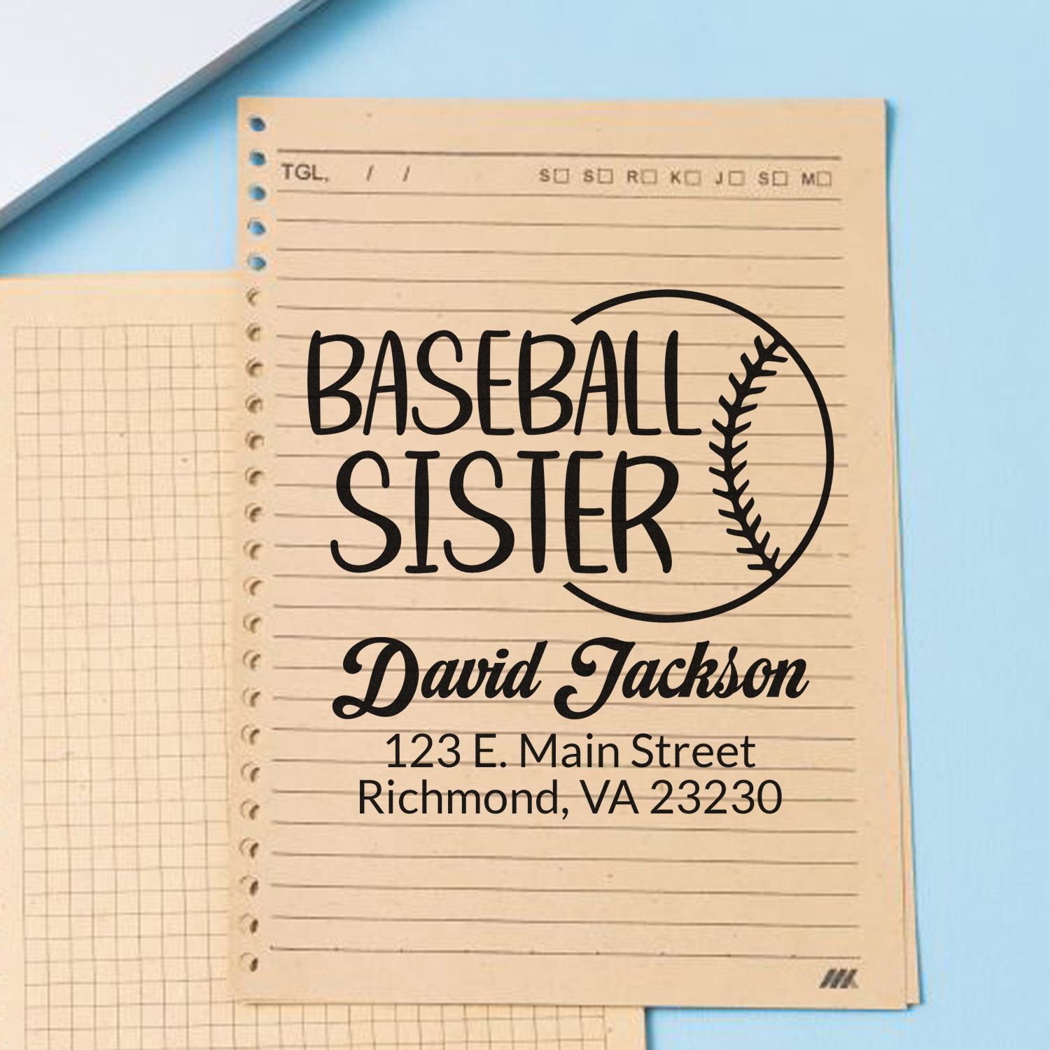 Custom baseball sister return address rubber stamp with name and Richmond, VA for personalized stationery.