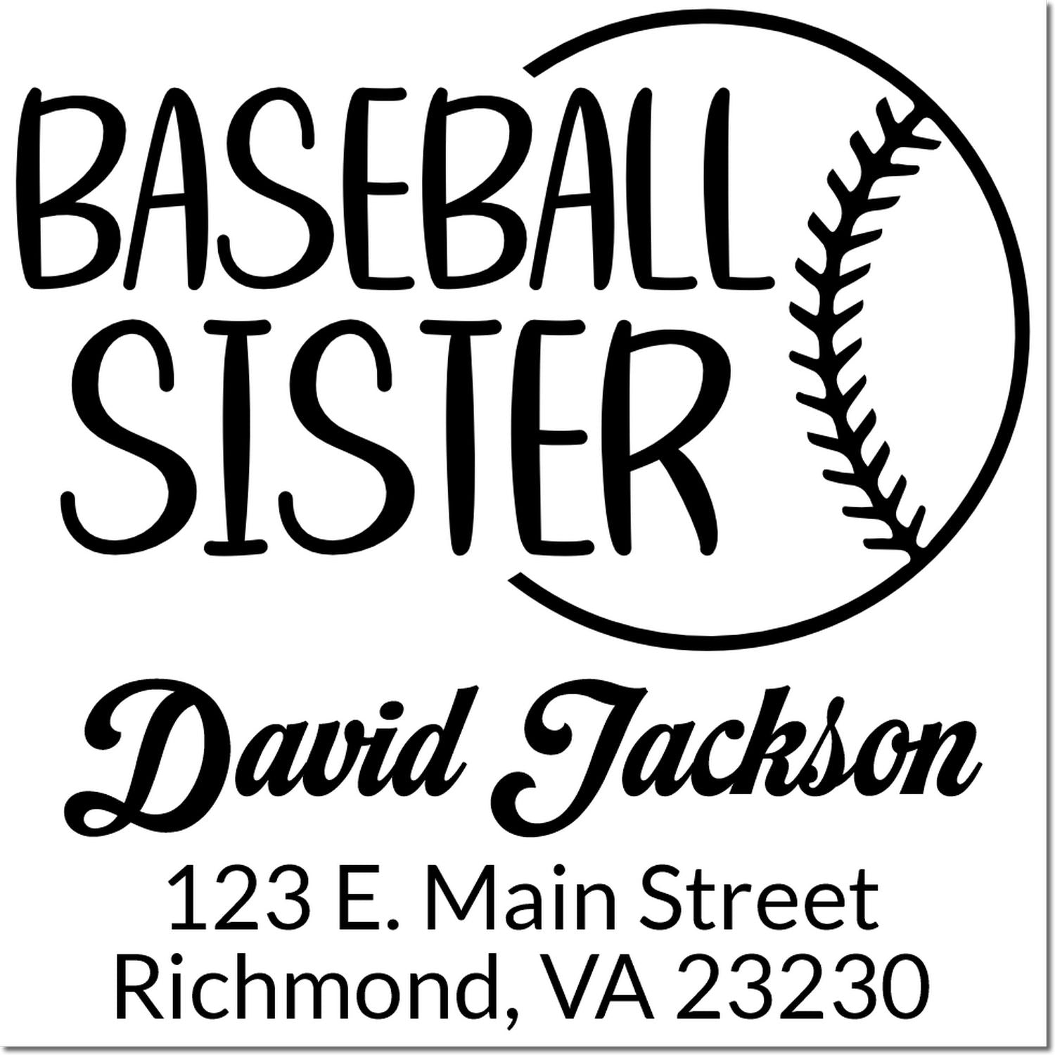 Personalized baseball sister rubber stamp with David Jackson name, Richmond VA address, and baseball icon.