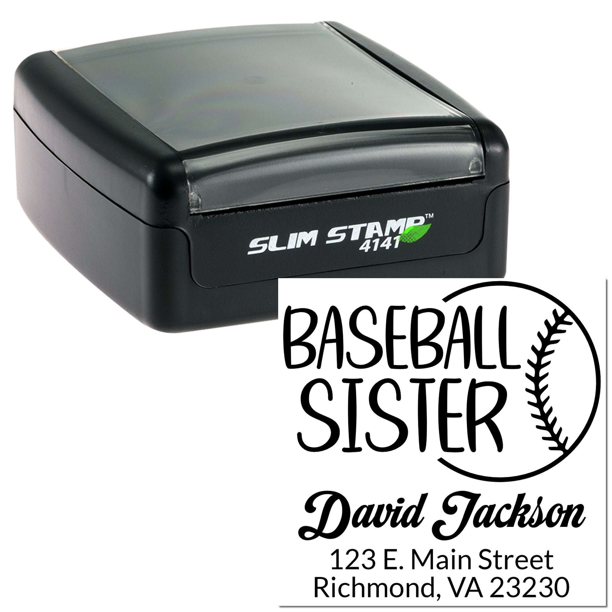 Custom self-inking Slim Stamp rubber stamp with baseball sister design, name, and address for personalized mailing.