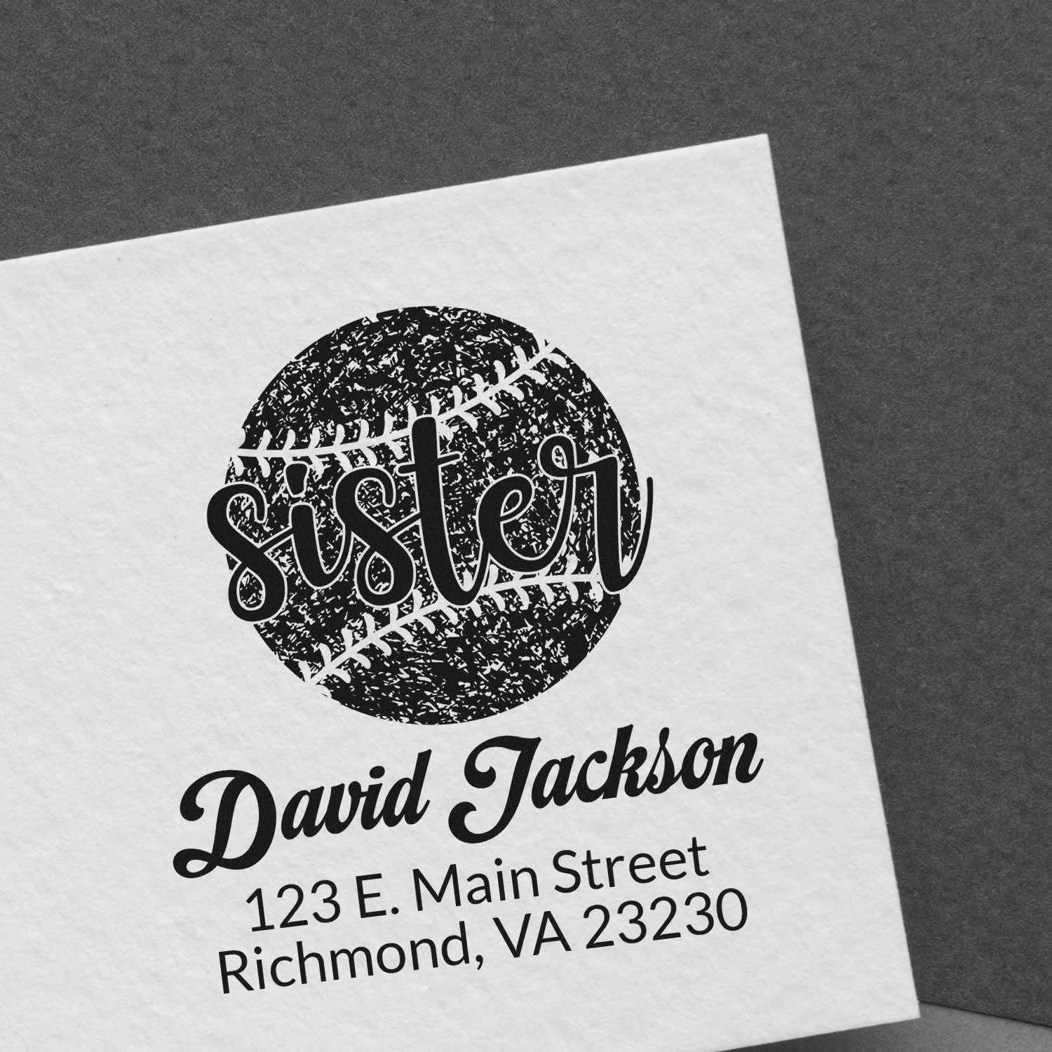 Custom baseball sister rubber stamp with name and address for David Jackson, Richmond, VA