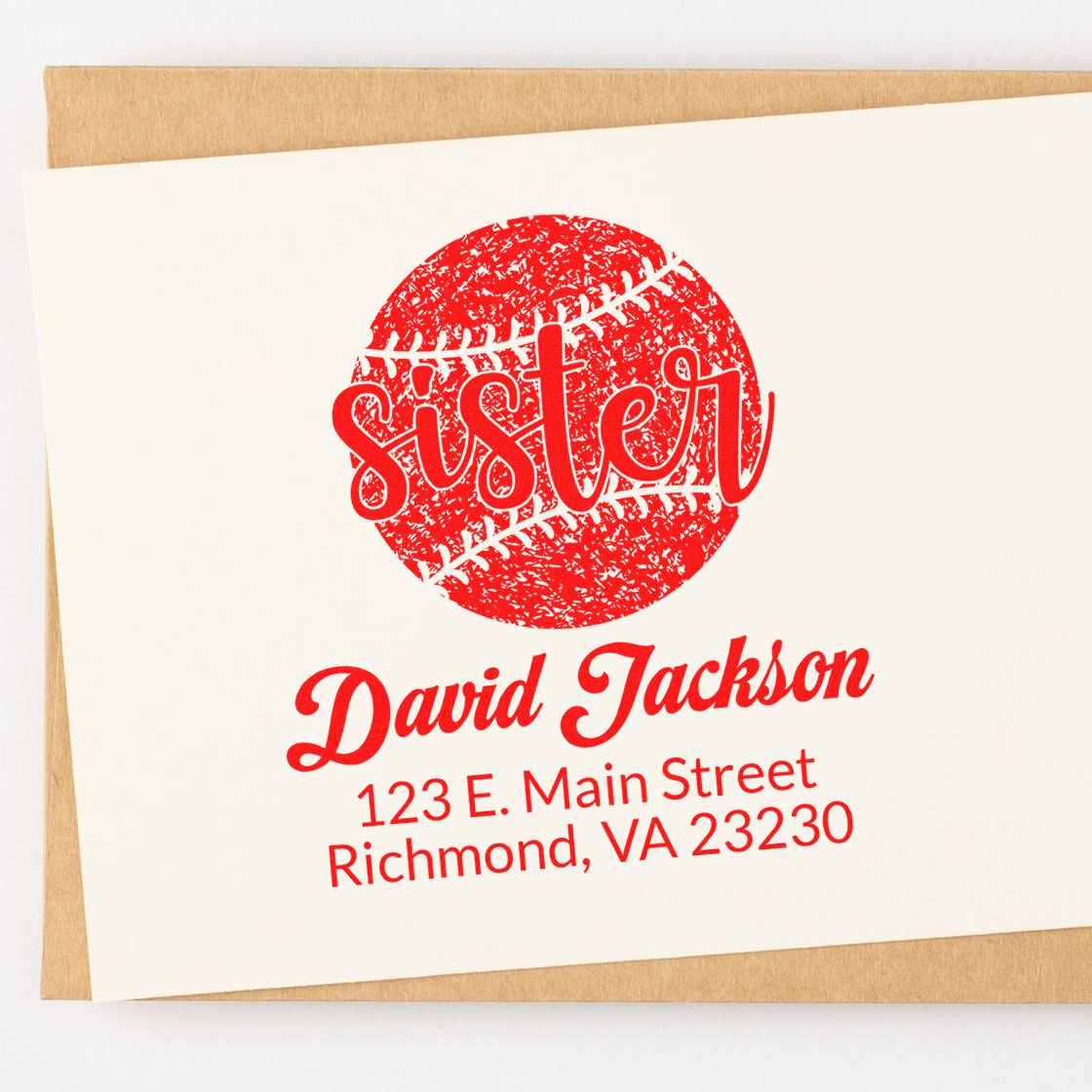 Custom sister return address rubber stamp with baseball design, personalized for David Jackson, Richmond, VA.
