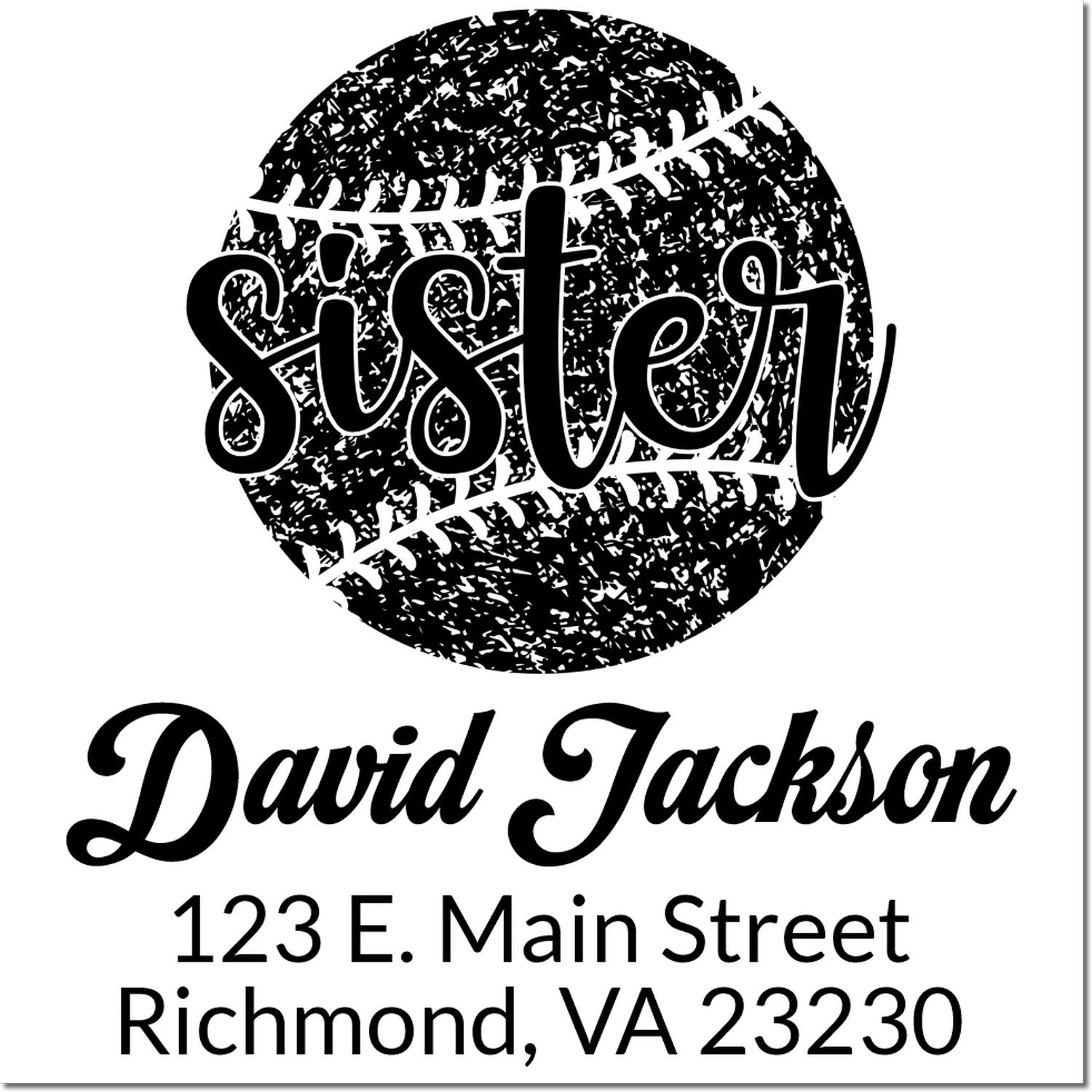 Custom sister baseball rubber stamp with personalized name and return address for mailing, crafts, and team gifts.