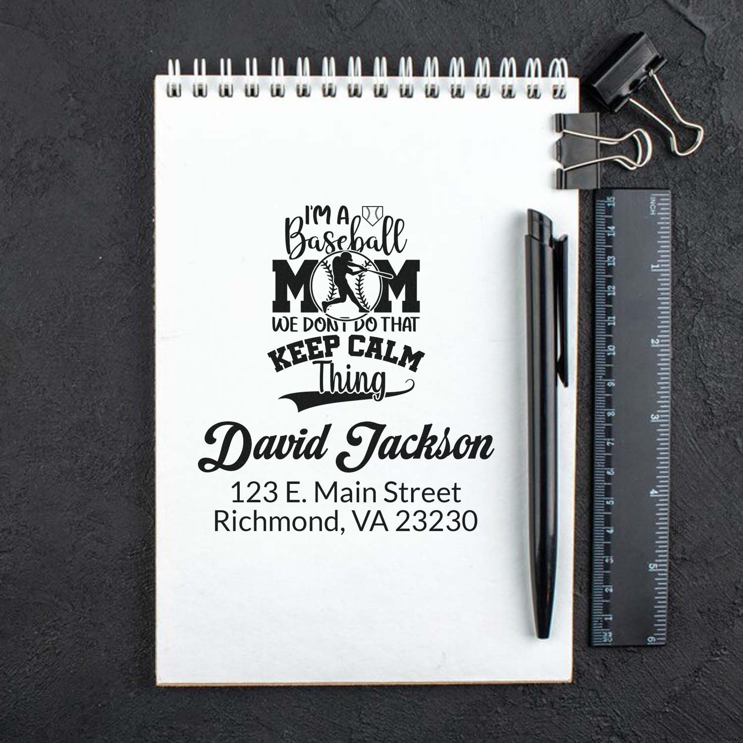 Personalized baseball mom address rubber stamp with name and mailing address for custom stationery and return envelopes.