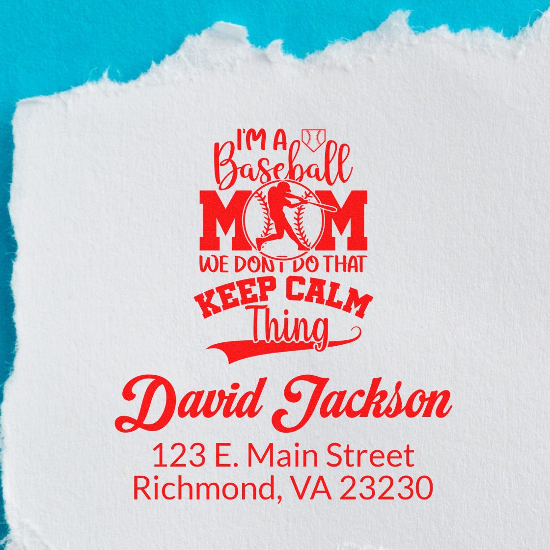 Custom baseball mom rubber stamp with personalized name and address, featuring a fun Keep Calm style design.