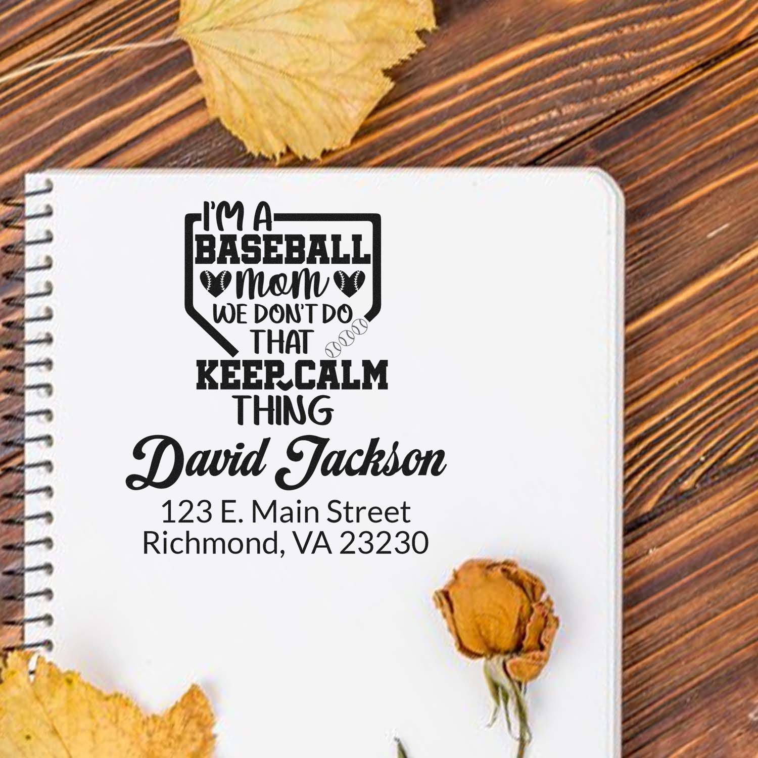 Custom baseball mom return address rubber stamp with personalized name and address for sporty stationery.