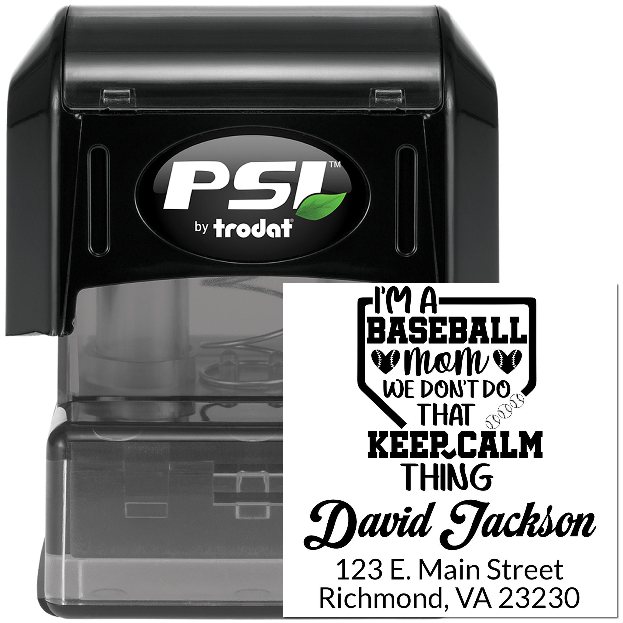PSI by Trodat self-inking rubber stamp with custom baseball mom return address design for personalized address stamping.
