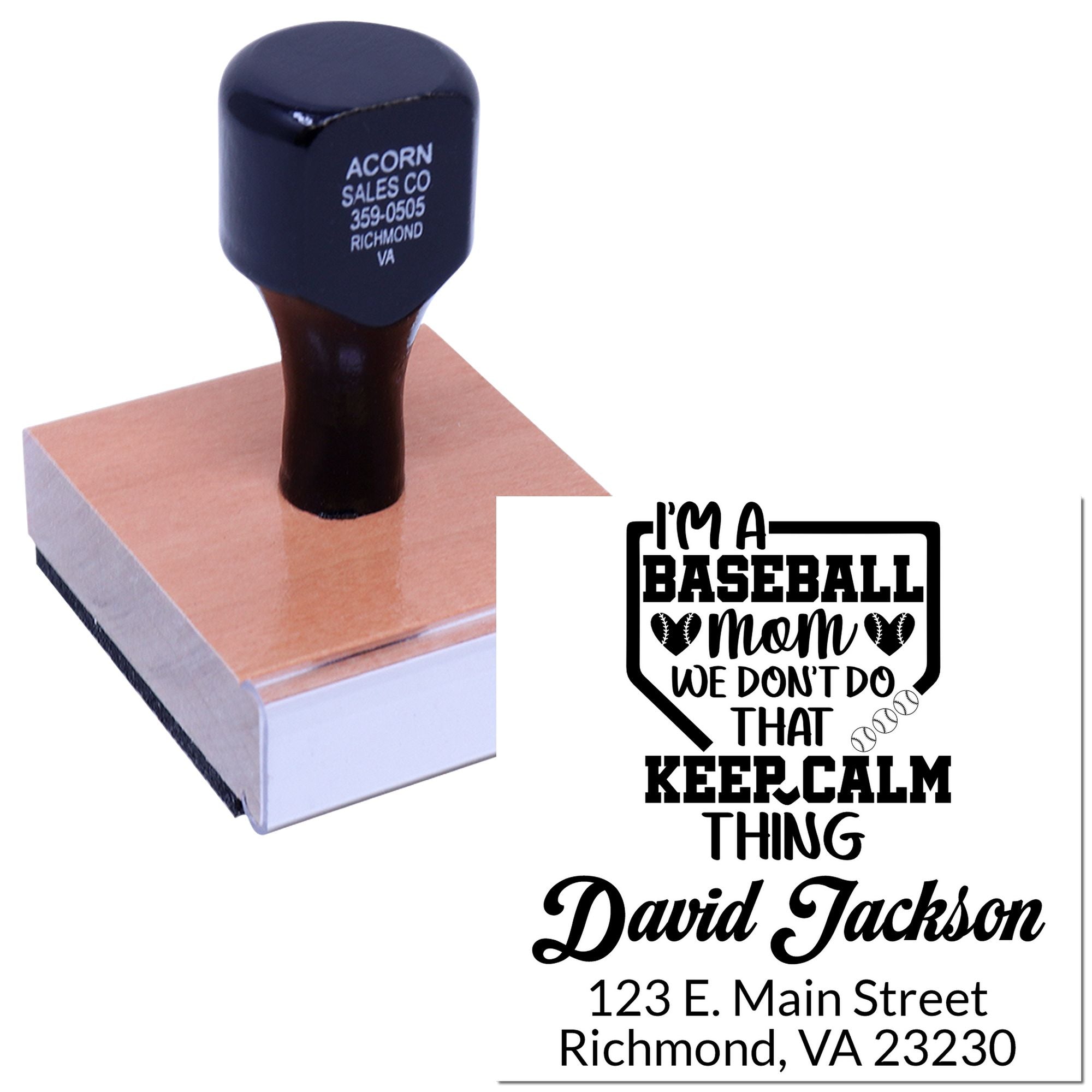 Custom wooden rubber stamp for baseball moms, with personalized name and address imprint design shown on a stamp block.