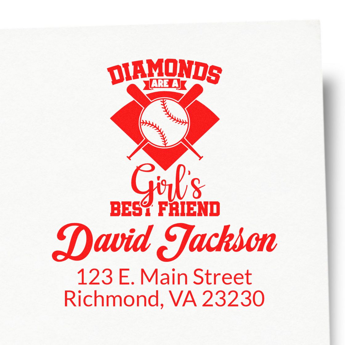 Personalized baseball return address rubber stamp with Diamonds Are a Girls Best Friend and custom Richmond, VA details.