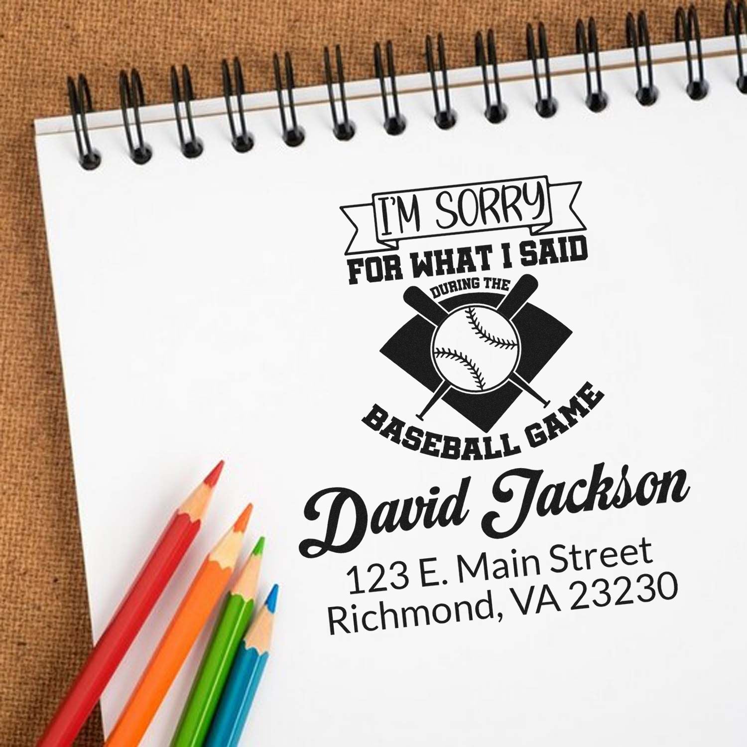 Custom baseball rubber stamp with apology message, personalized name, and return address for mailing.