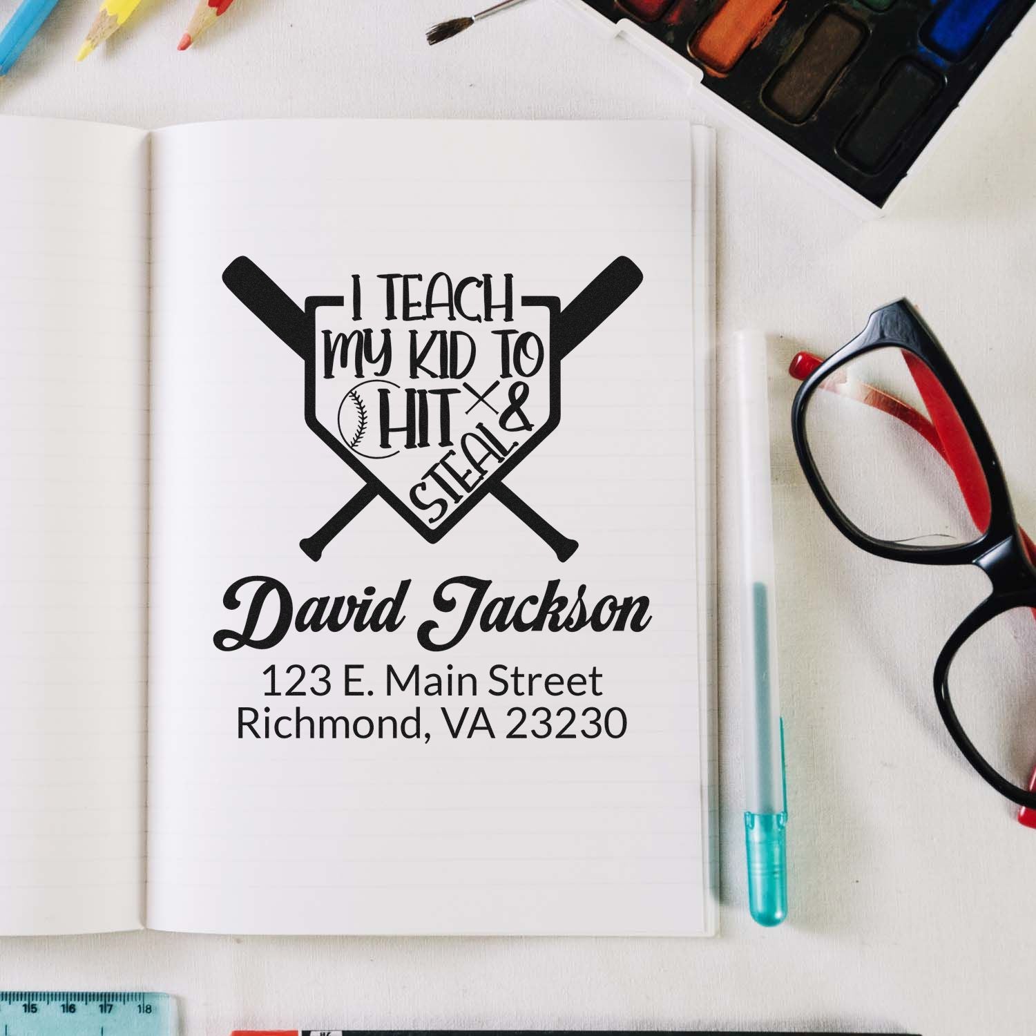 Personalized baseball teacher rubber stamp with custom name and address for school notes, crafts, and stationery.