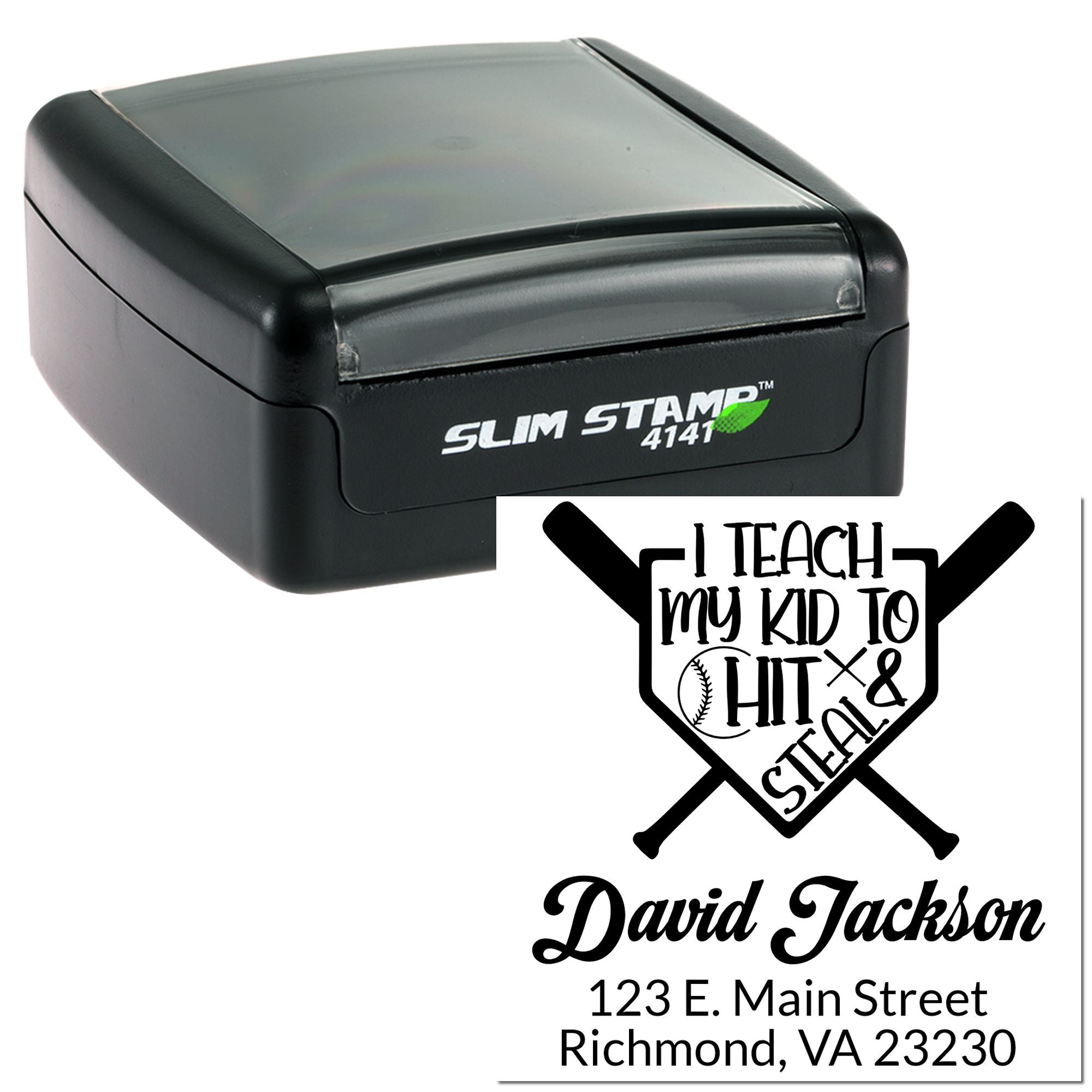 Custom self-inking rubber stamp with baseball-themed teacher slogan, name, and address for personalized mailing.