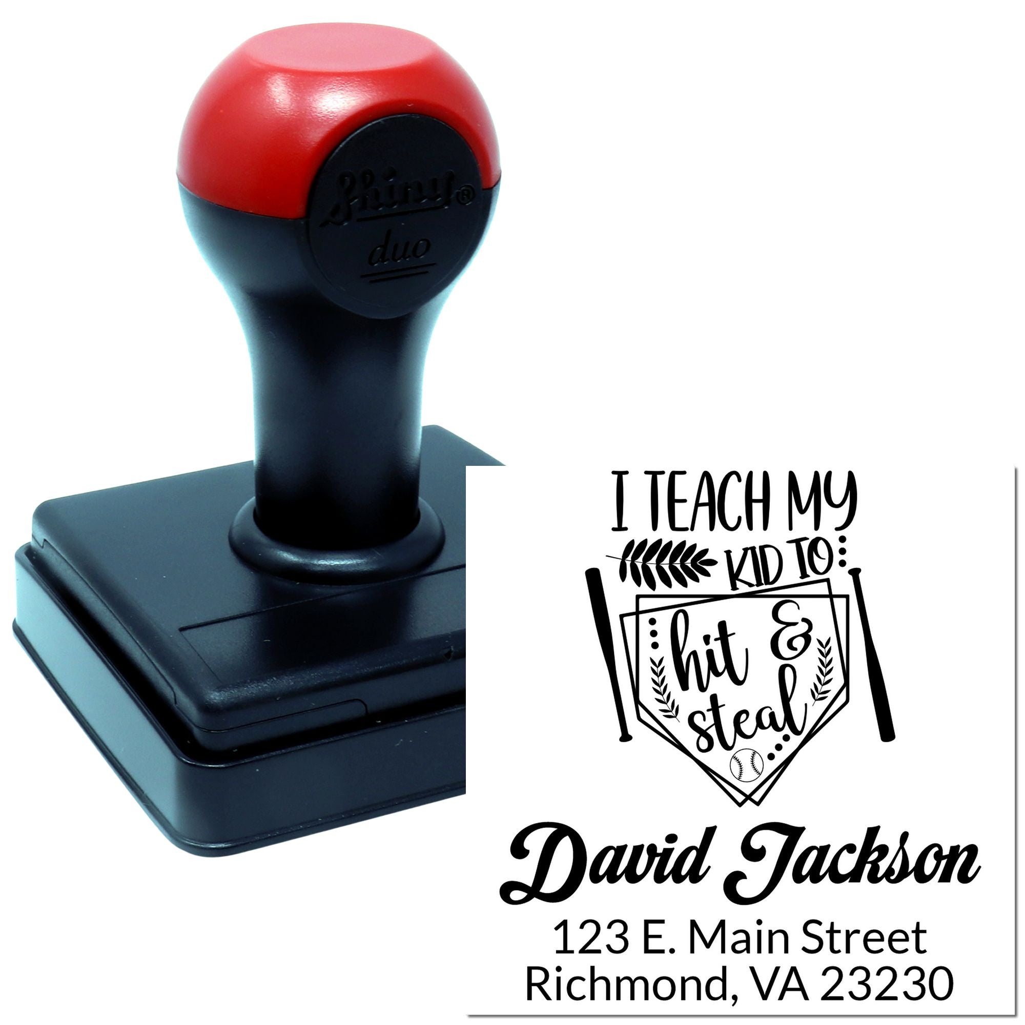 Custom self-inking rubber stamp with baseball teacher design and personalized name/address for classroom or business use.