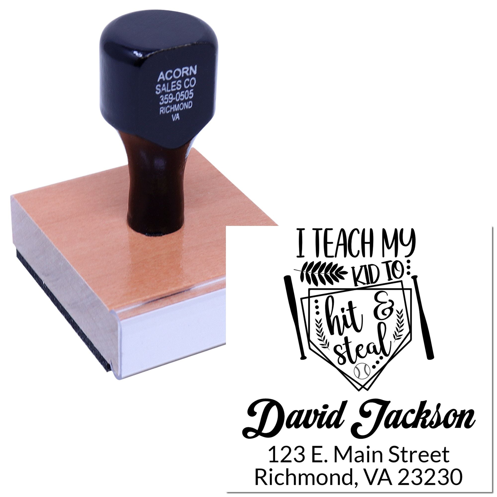 Custom baseball rubber stamp with personalized name and address, featuring I Teach My Kid to Hit & Steal design.