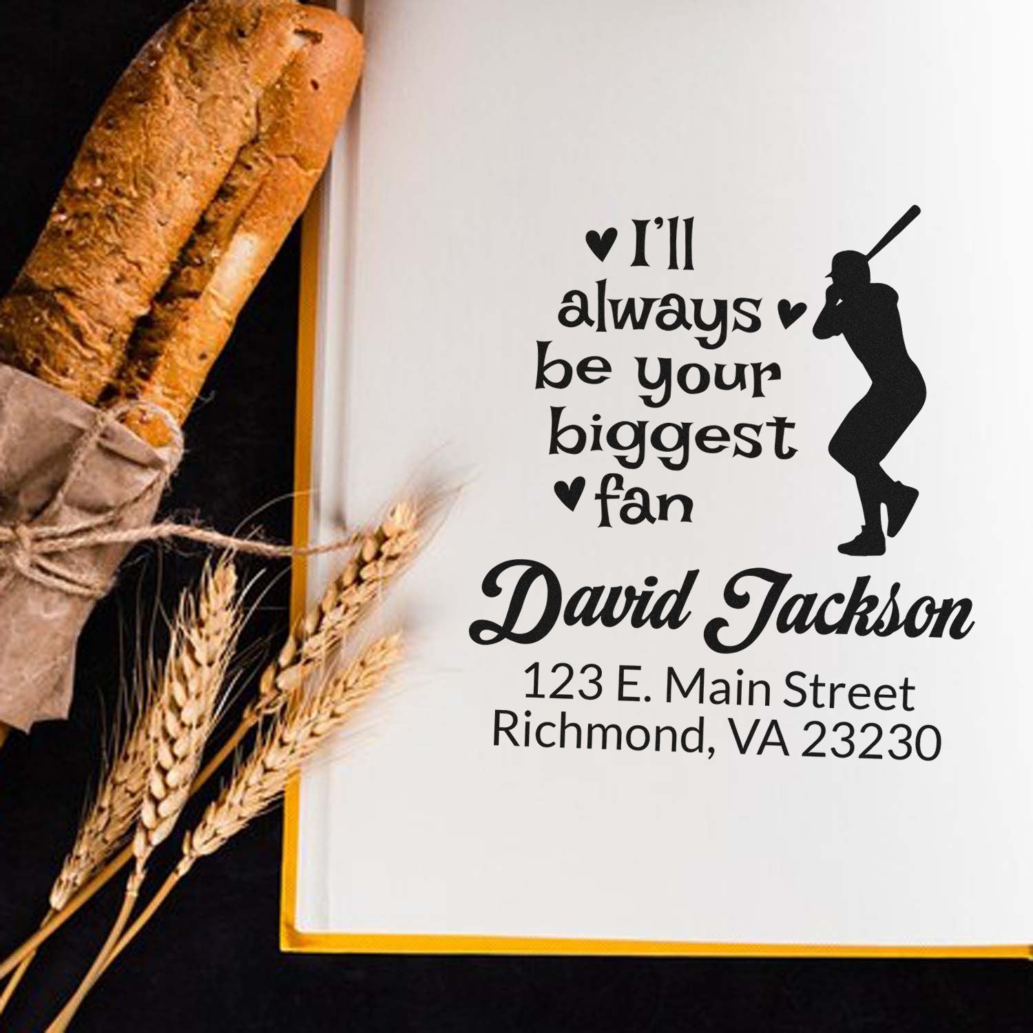 Personalized rubber stamp with baseball fan quote, batter silhouette, name, and address for custom mail or gifts.
