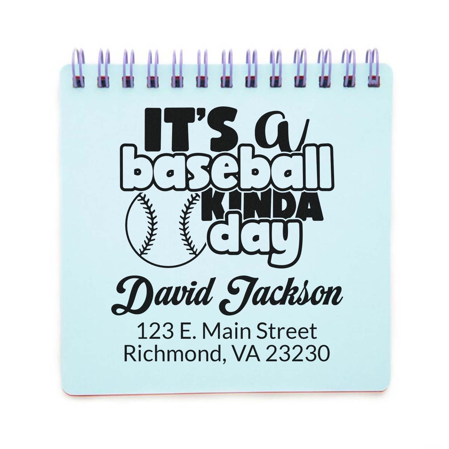 Custom baseball-themed rubber stamp design with personalized name and address for sports fan gifts or stationery.