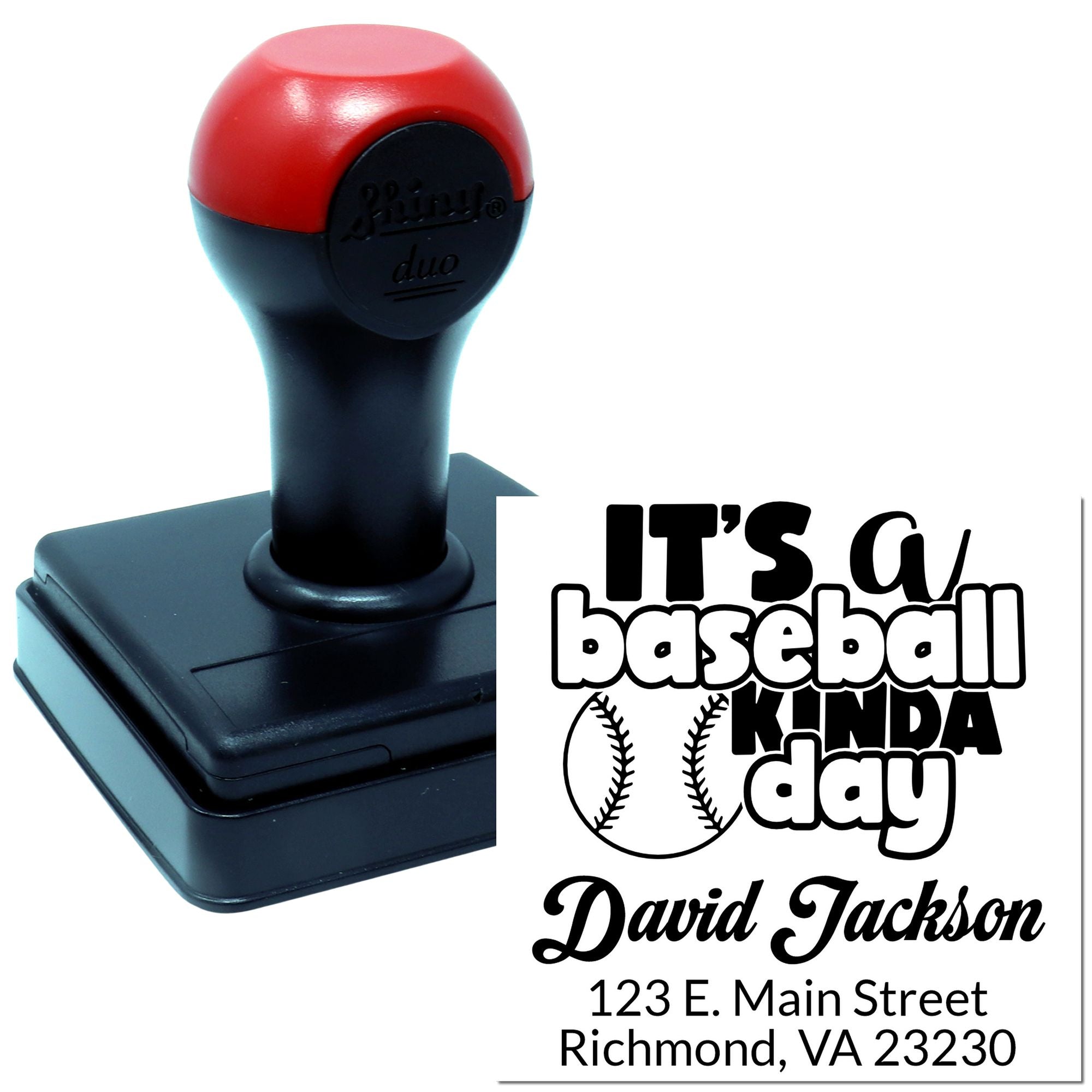 Custom self-inking baseball address stamp with personalized name and address for sports-themed mail and crafts.