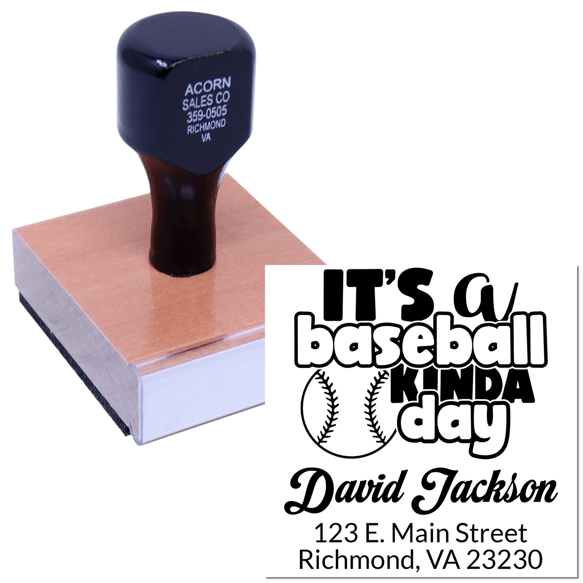 Custom baseball-themed rubber stamp with Its a baseball kinda day design, name, and address for David Jackson.