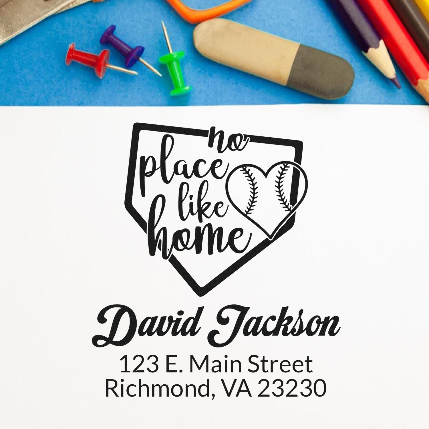 Personalized custom rubber return address stamp with no place like home baseball design for David Jackson, Richmond, VA.