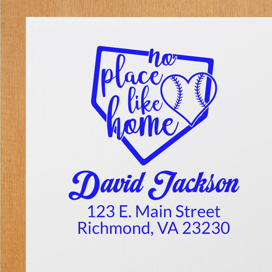 Custom baseball return address rubber stamp with No Place Like Home, David Jackson, Richmond, VA 23230