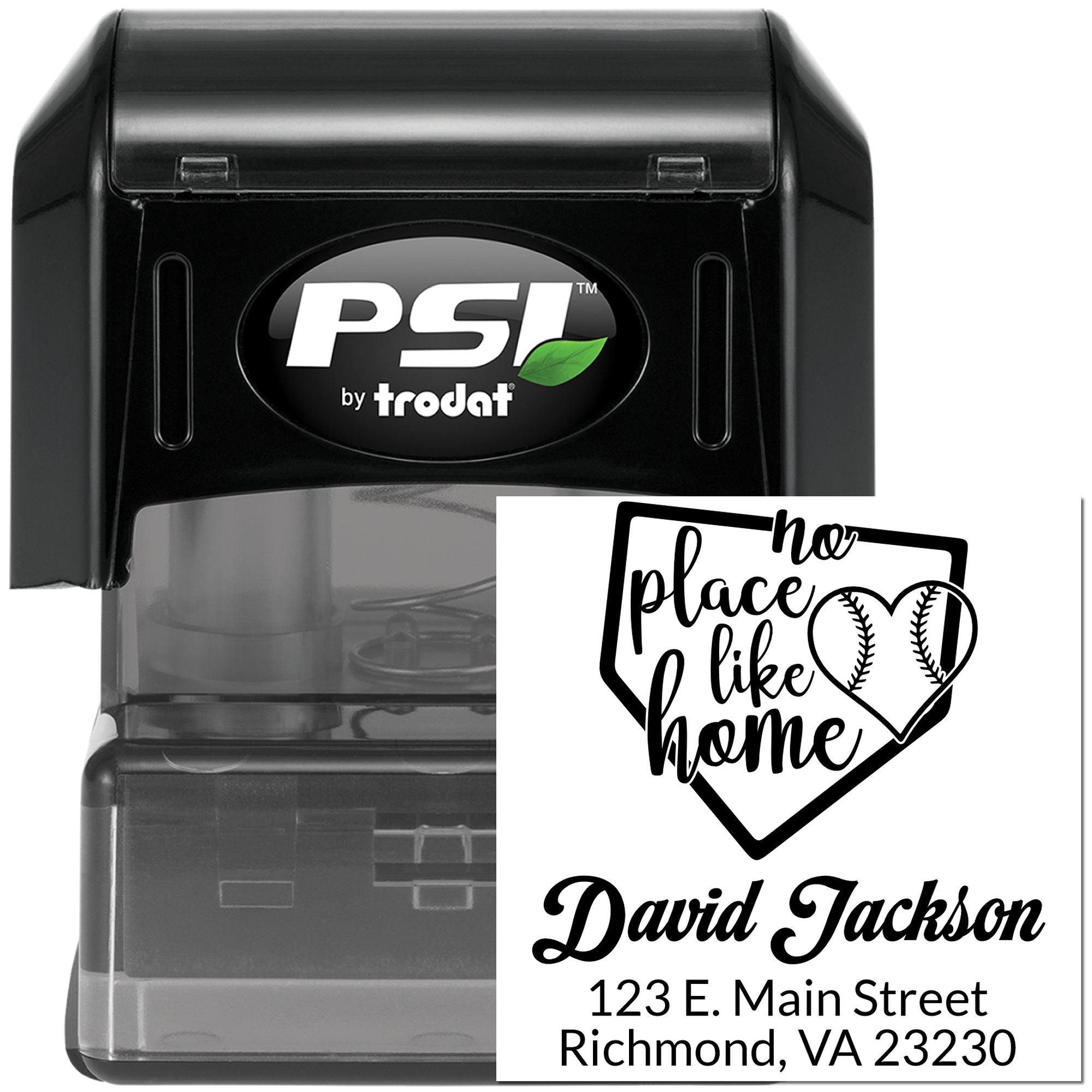 Custom PSI by Trodat self-inking rubber stamp with No Place Like Home baseball design and personalized name and address.