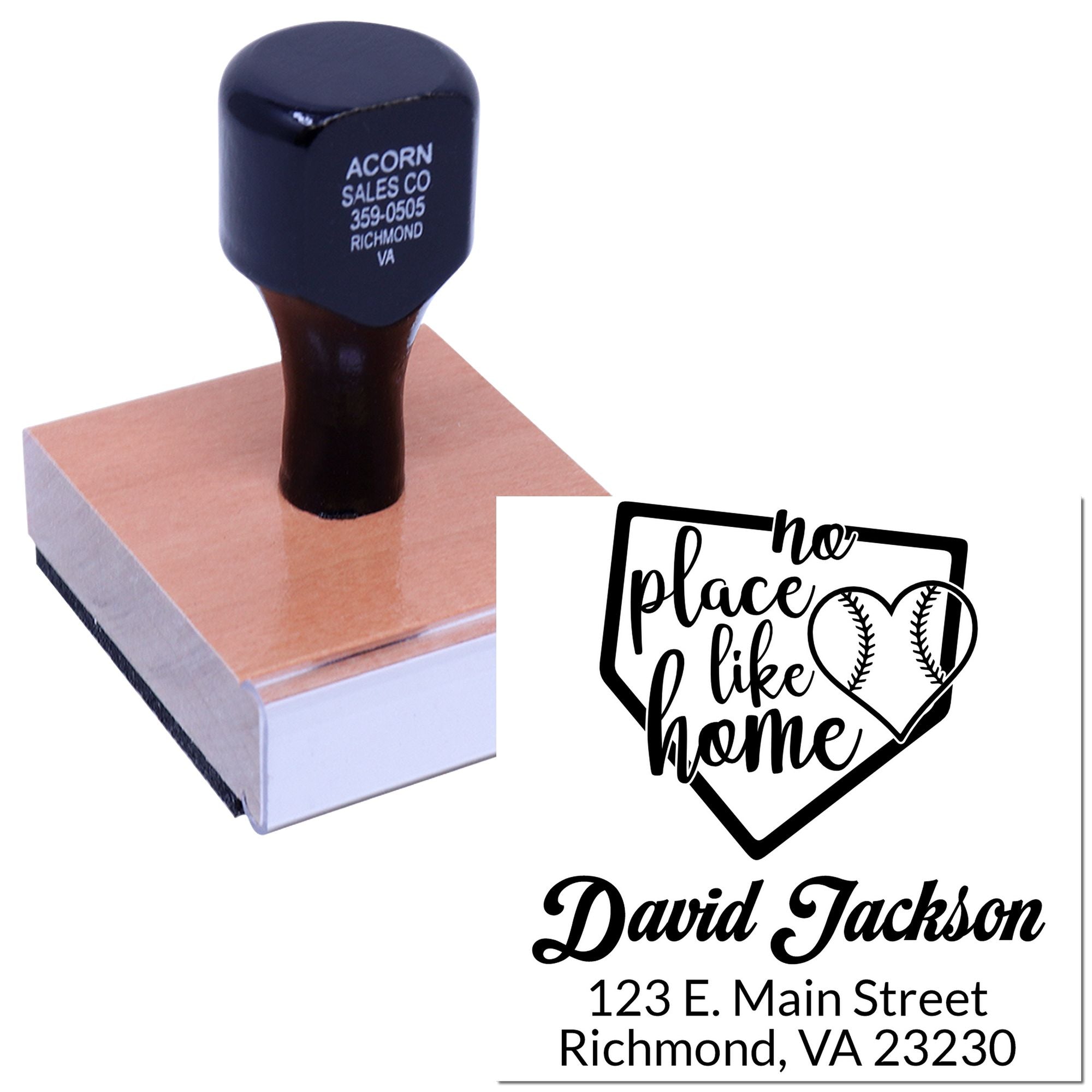 Personalized rubber stamp with No Place Like Home baseball design and custom return address for home mail labeling.