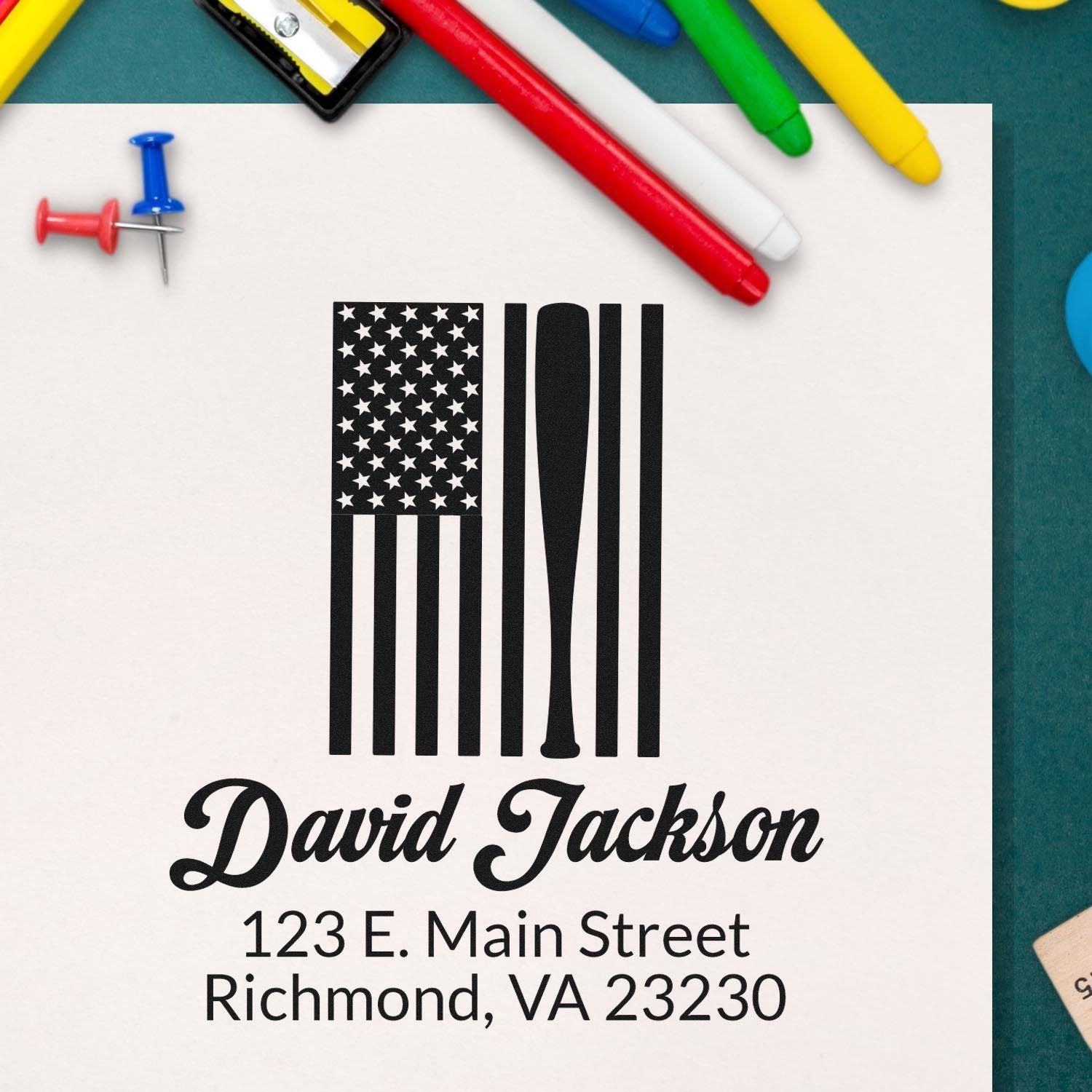 Personalized rubber stamp with baseball American flag design, David Jackson name, and Richmond, VA return address.
