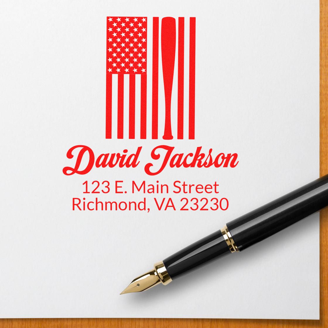 Personalized American flag return address rubber stamp with name, street address, and patriotic design for envelopes.