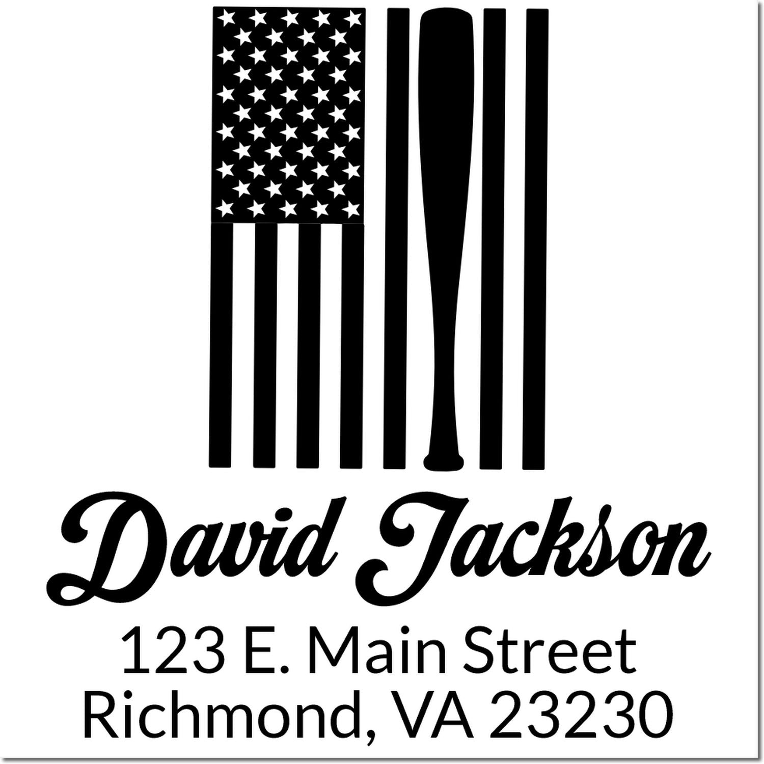 Custom rubber stamp with American flag design, David Jackson name, and Richmond, VA 23230 address