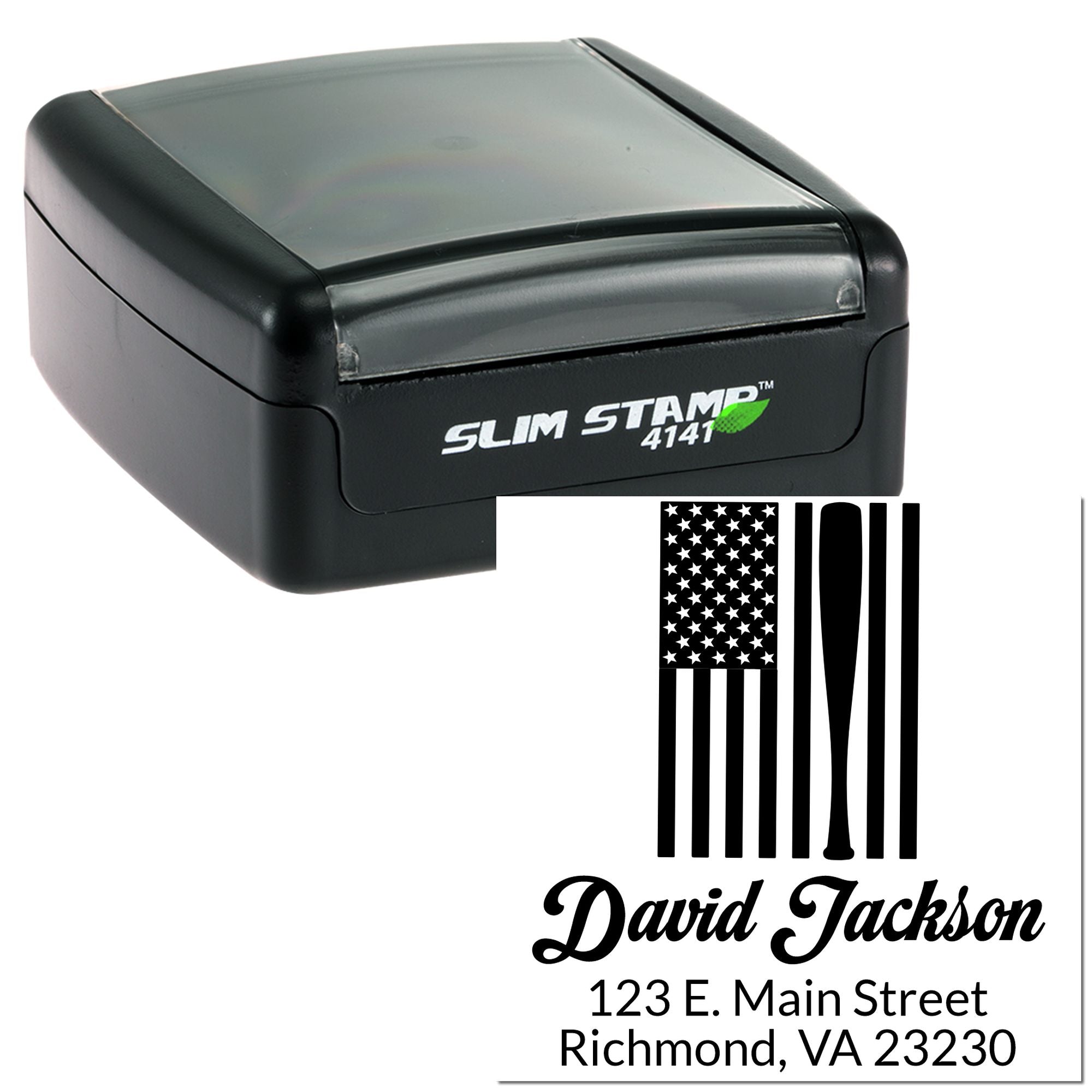 Custom self-inking rubber address stamp with patriotic American flag design, name, and return address.