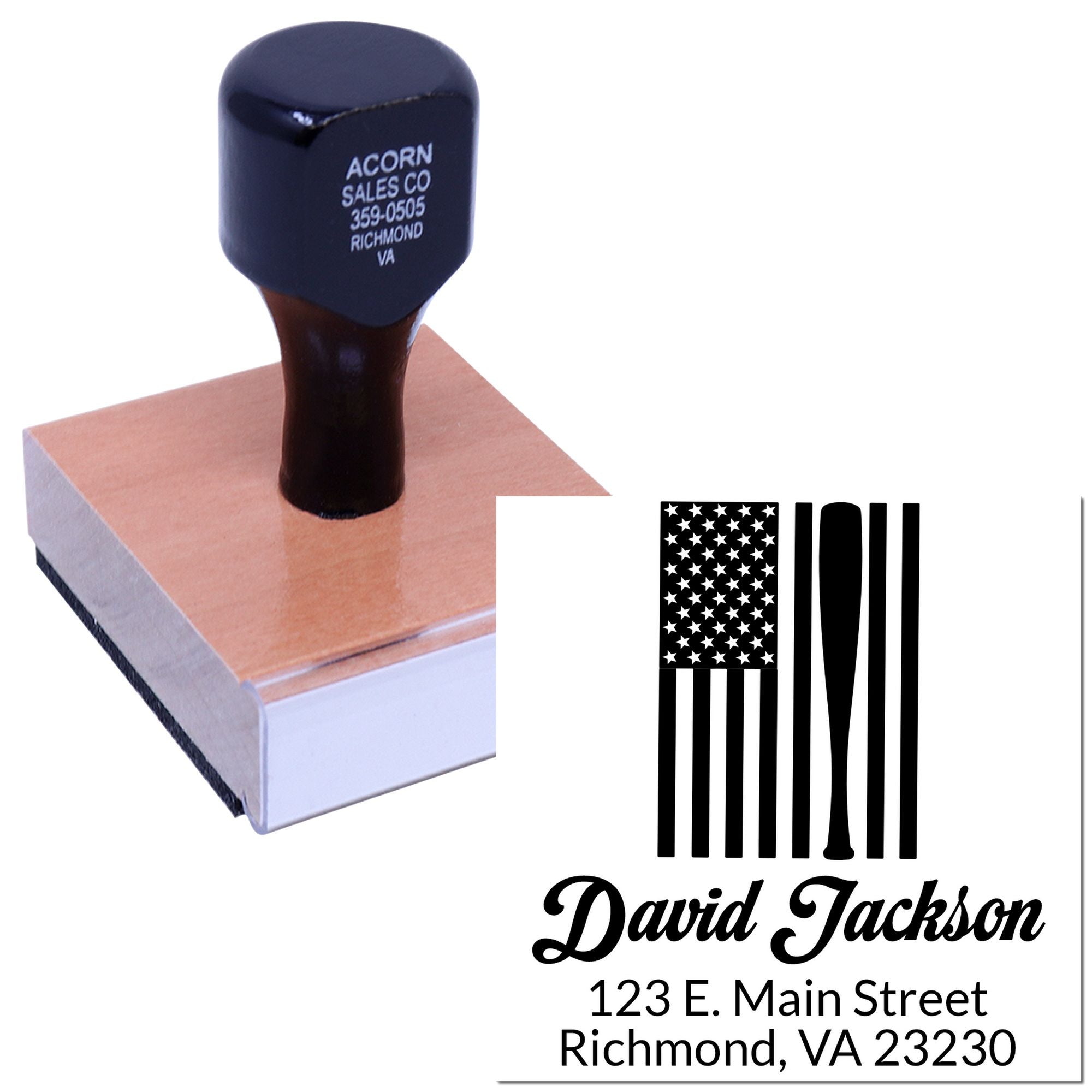 Custom address rubber stamp with American flag design and personalized name for patriotic business mailings and branding